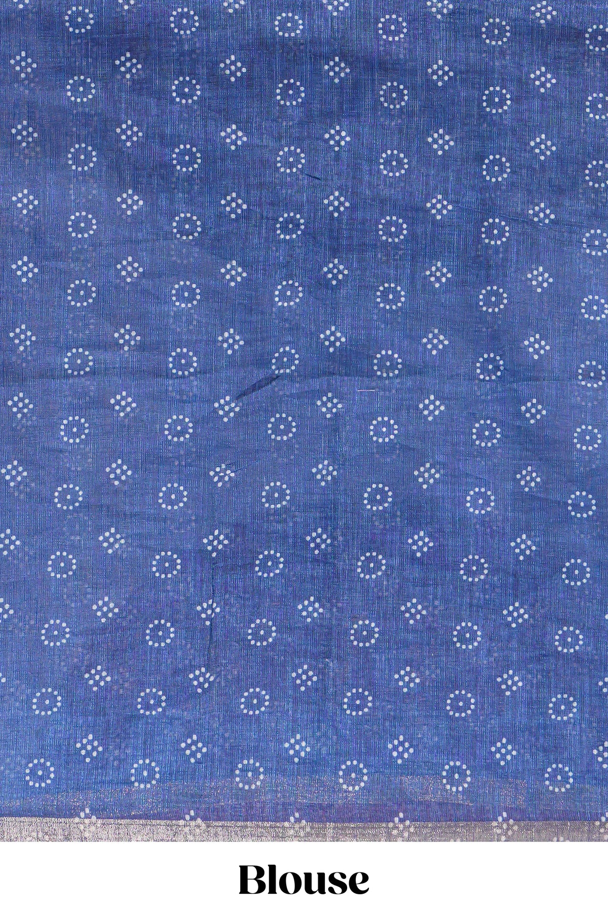 White bandhini designed linen cotton saree with self border and contrast blue blouse