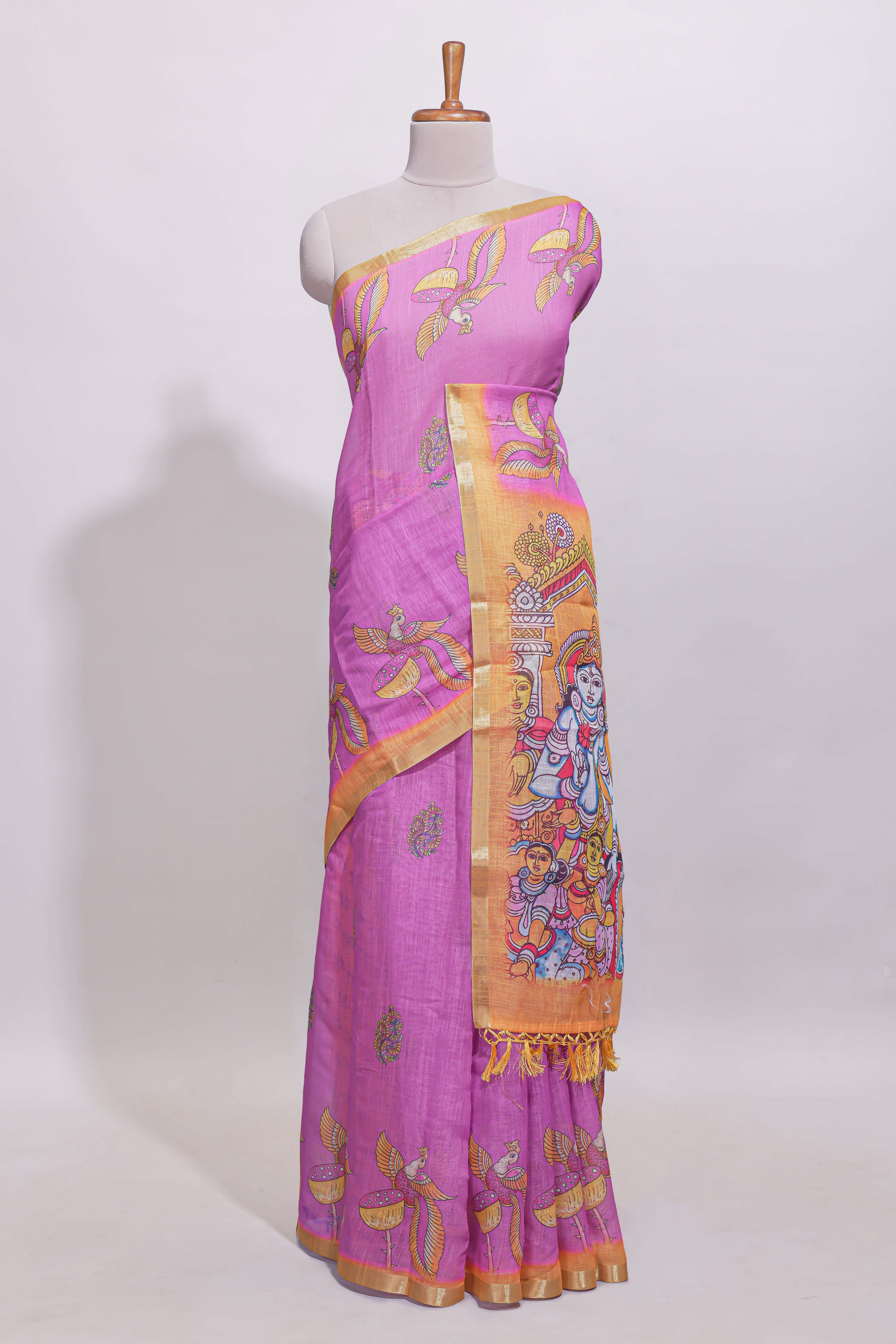 Pink stylized bird motifs linen cotton saree with contrast border and blouse