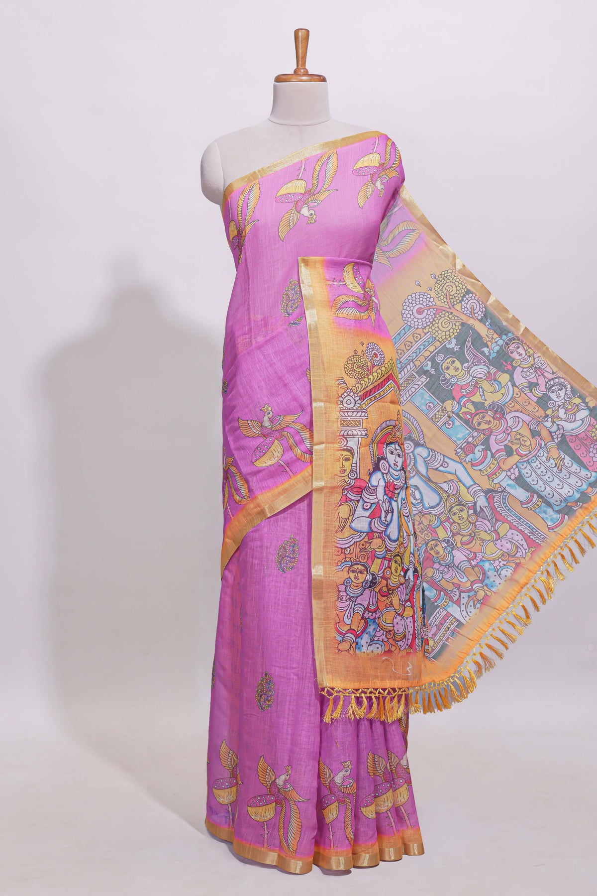 Pink stylized bird motifs linen cotton saree with contrast border and blouse