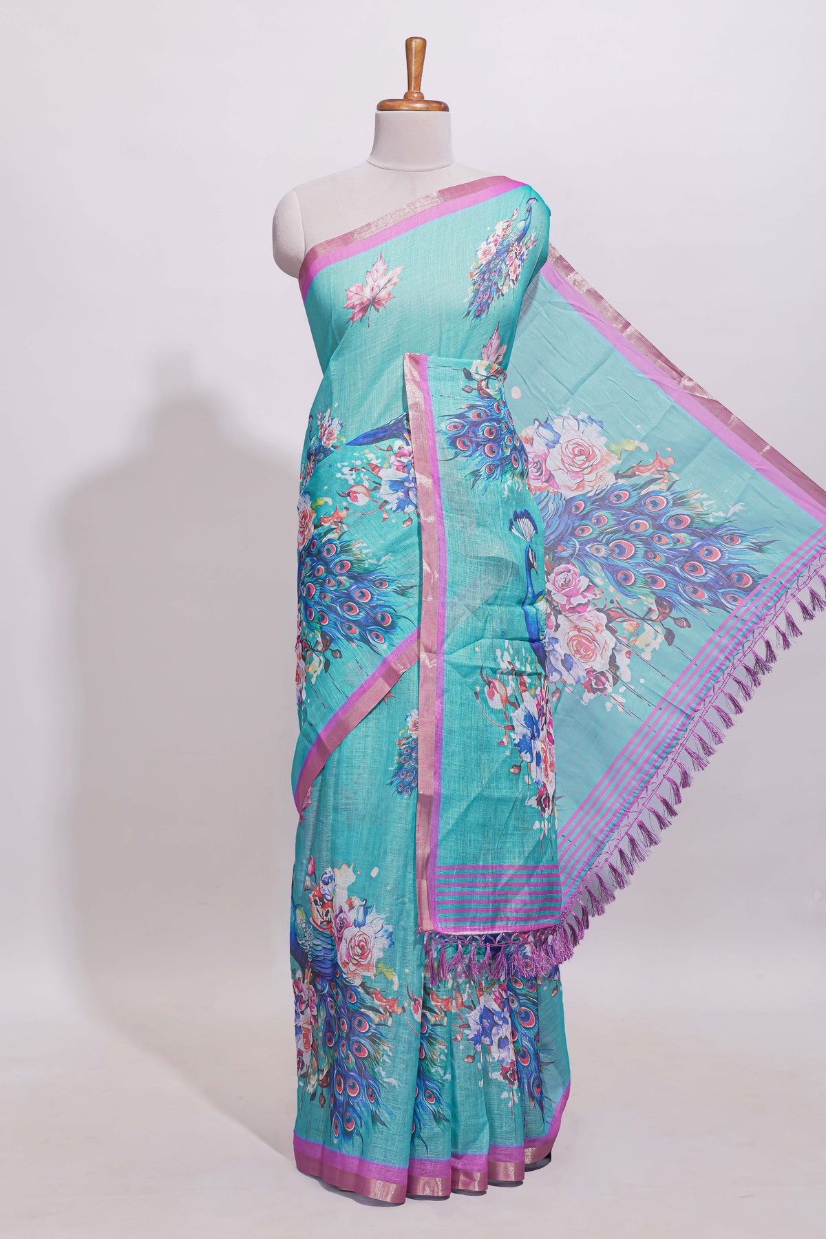 Blule shade peacock motifs linen cotton saree with contrast border and blouse