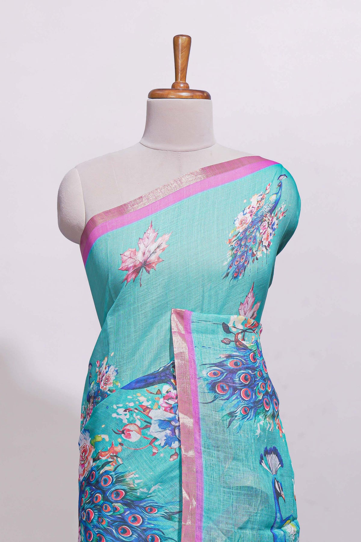 Blule shade peacock motifs linen cotton saree with contrast border and blouse