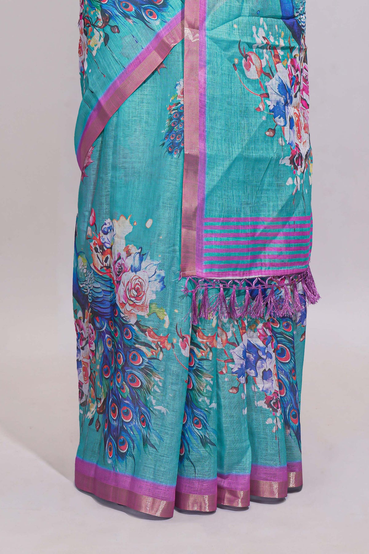 Blule shade peacock motifs linen cotton saree with contrast border and blouse