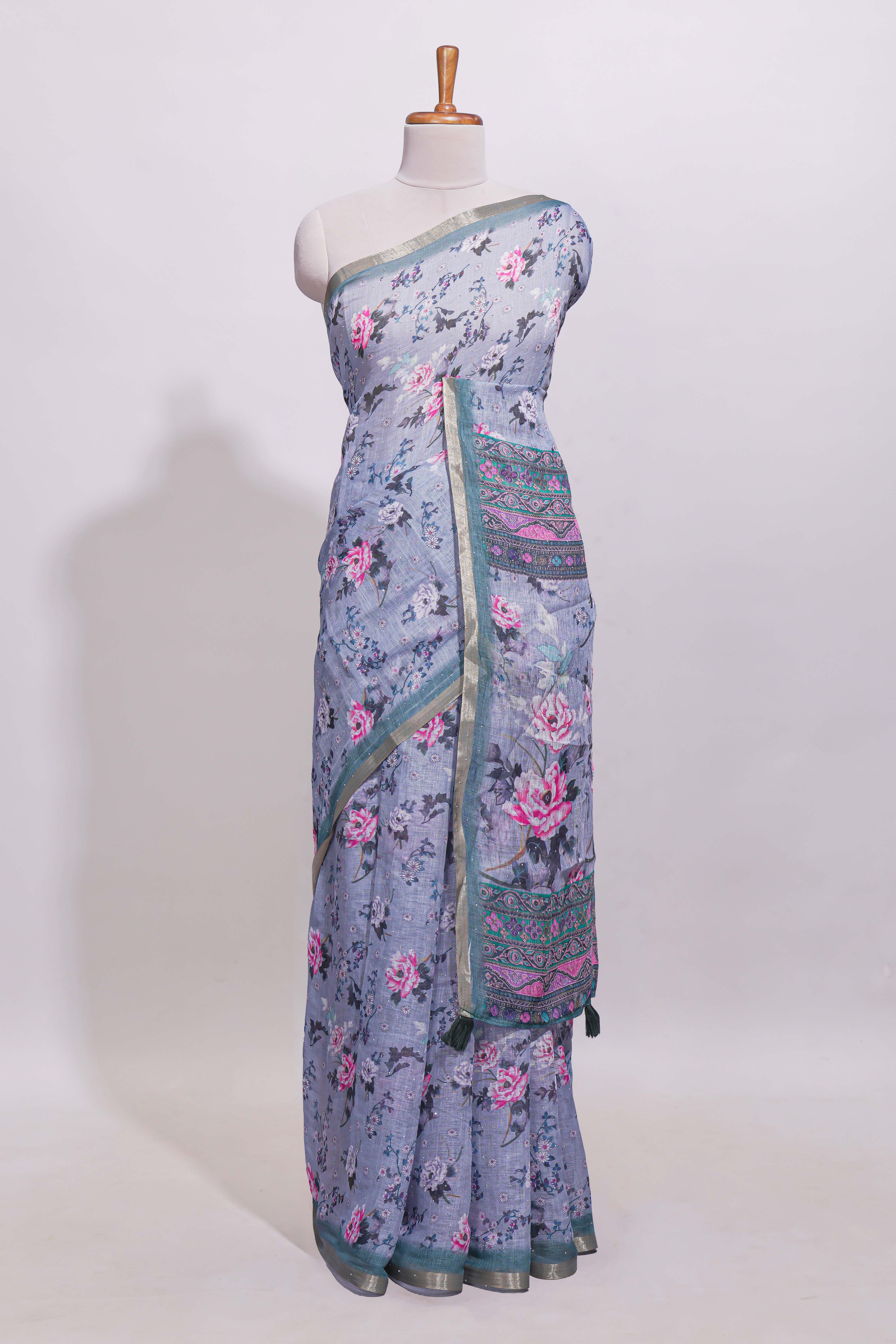 Grey shade floral designed linen cotton saree with contrast border and matching blouse