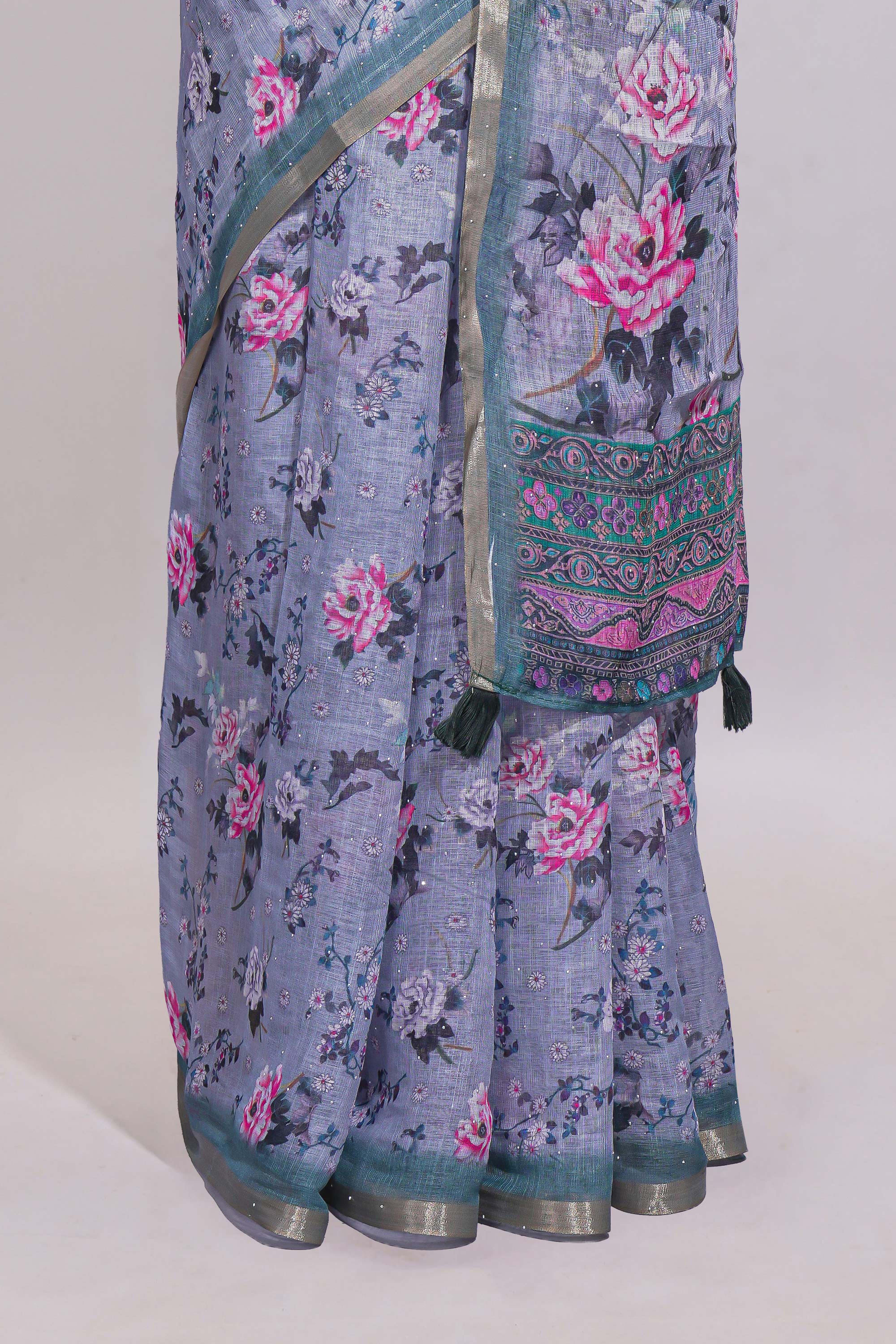 Grey shade floral designed linen cotton saree with contrast border and matching blouse
