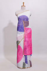 White bandhini designed linen cotton saree with self border and contrast pink blouse