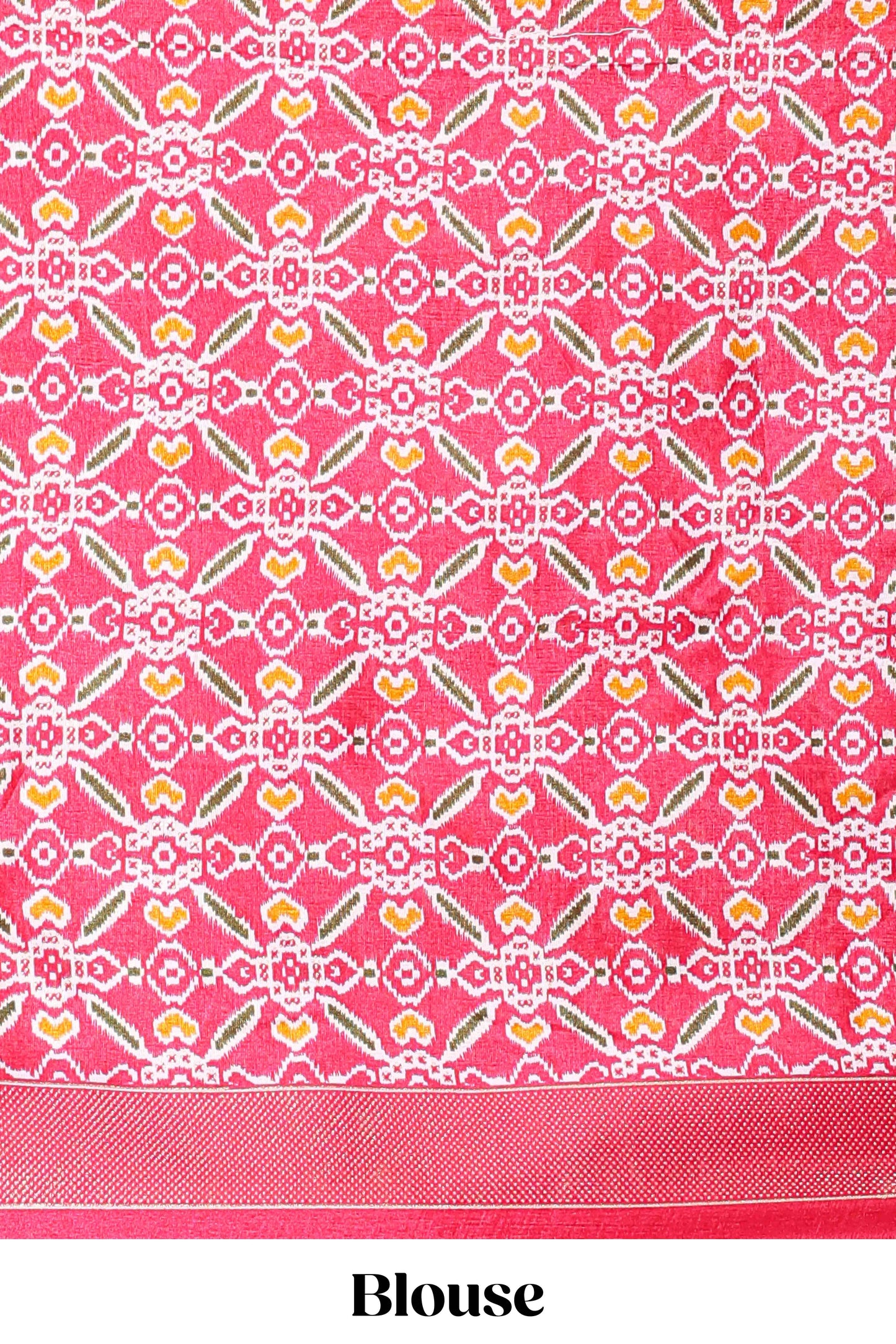 White dola silk floral lehenga with pink pochampalli border and floral butta dhavani