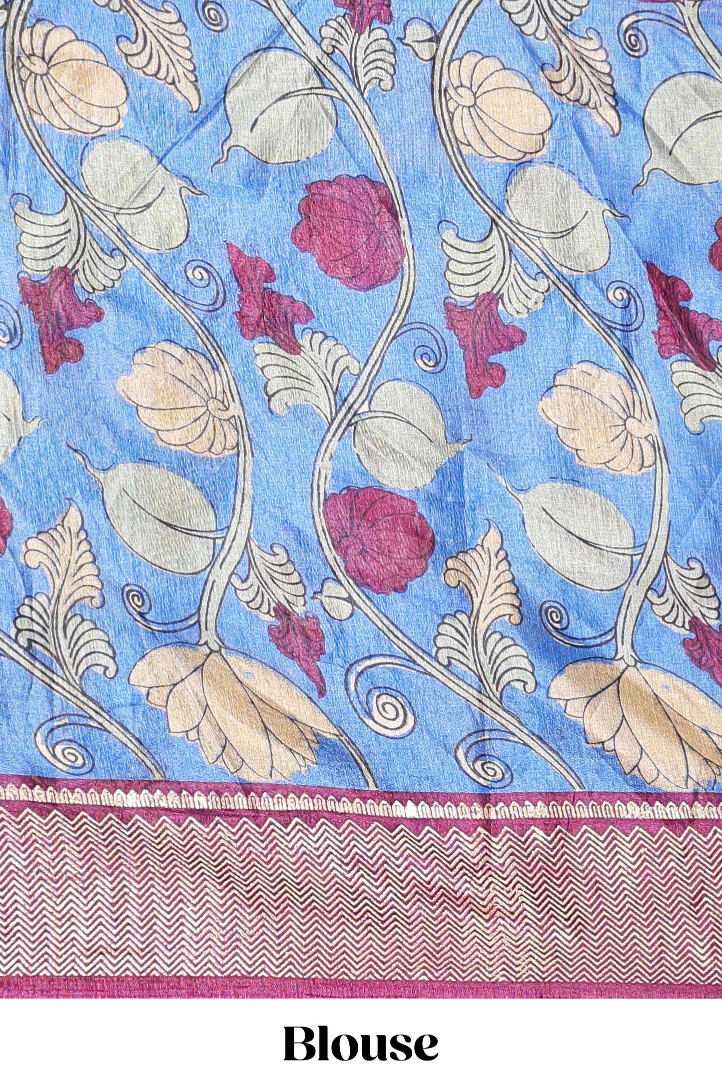 Cream dola silk birds and floral printed lehenga with contrast blouse and dhavani