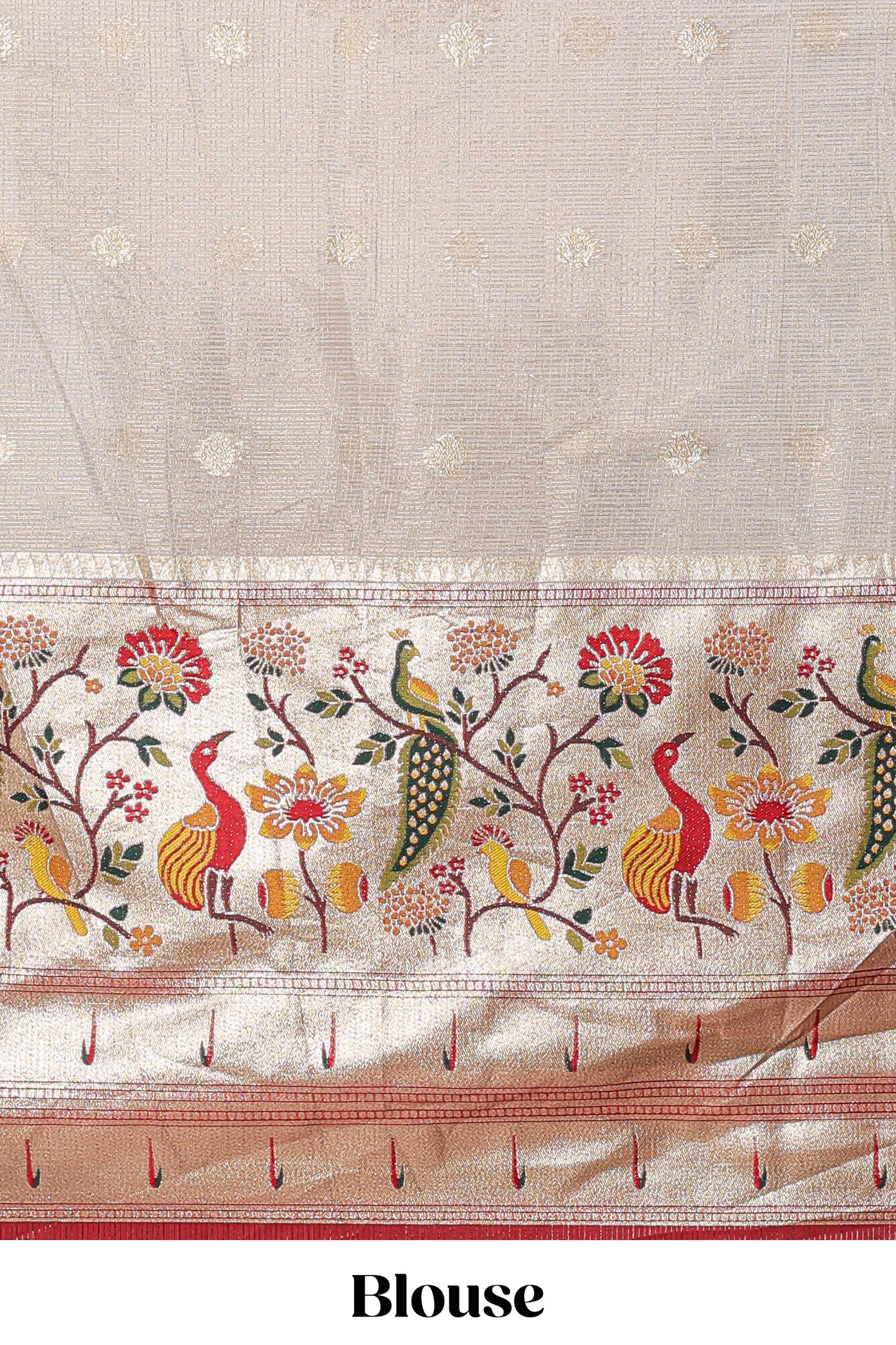 Cream cotton lehenga with floral vines zari butta design and maroon border dhavani