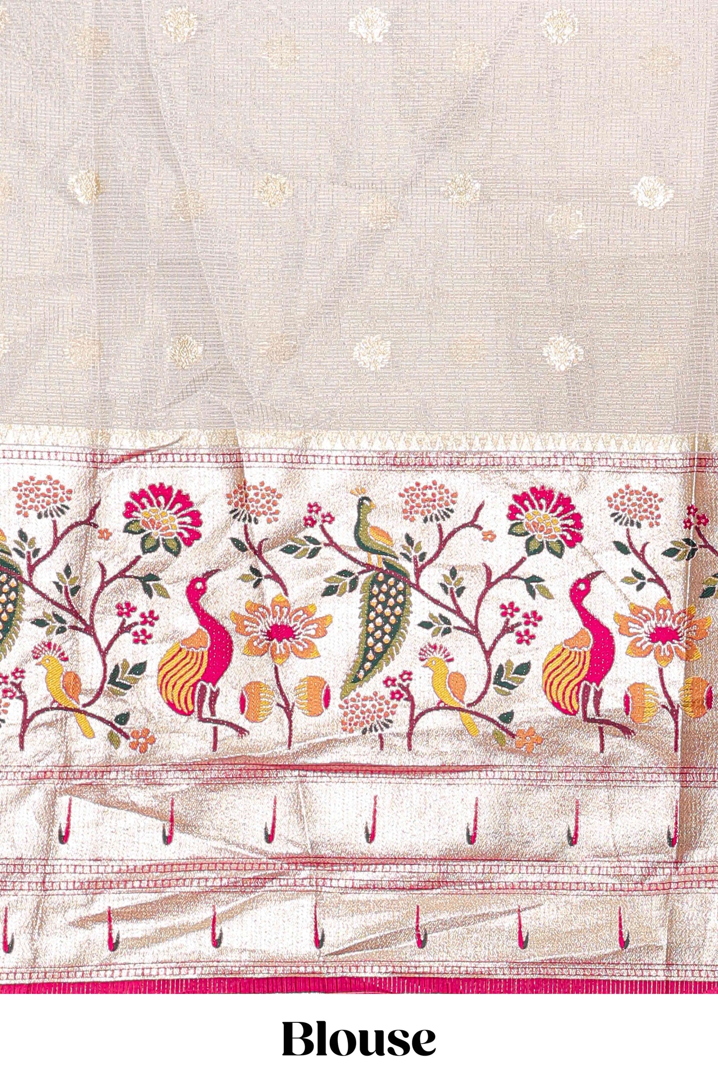 Cream cotton lehenga with floral vines zari butta design and pink border dhavani