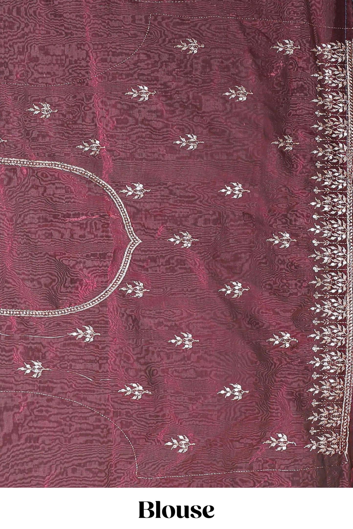 Maroon fendy chiffon lehenga with all over embroidery and stone work, paired with a contrast dhavani