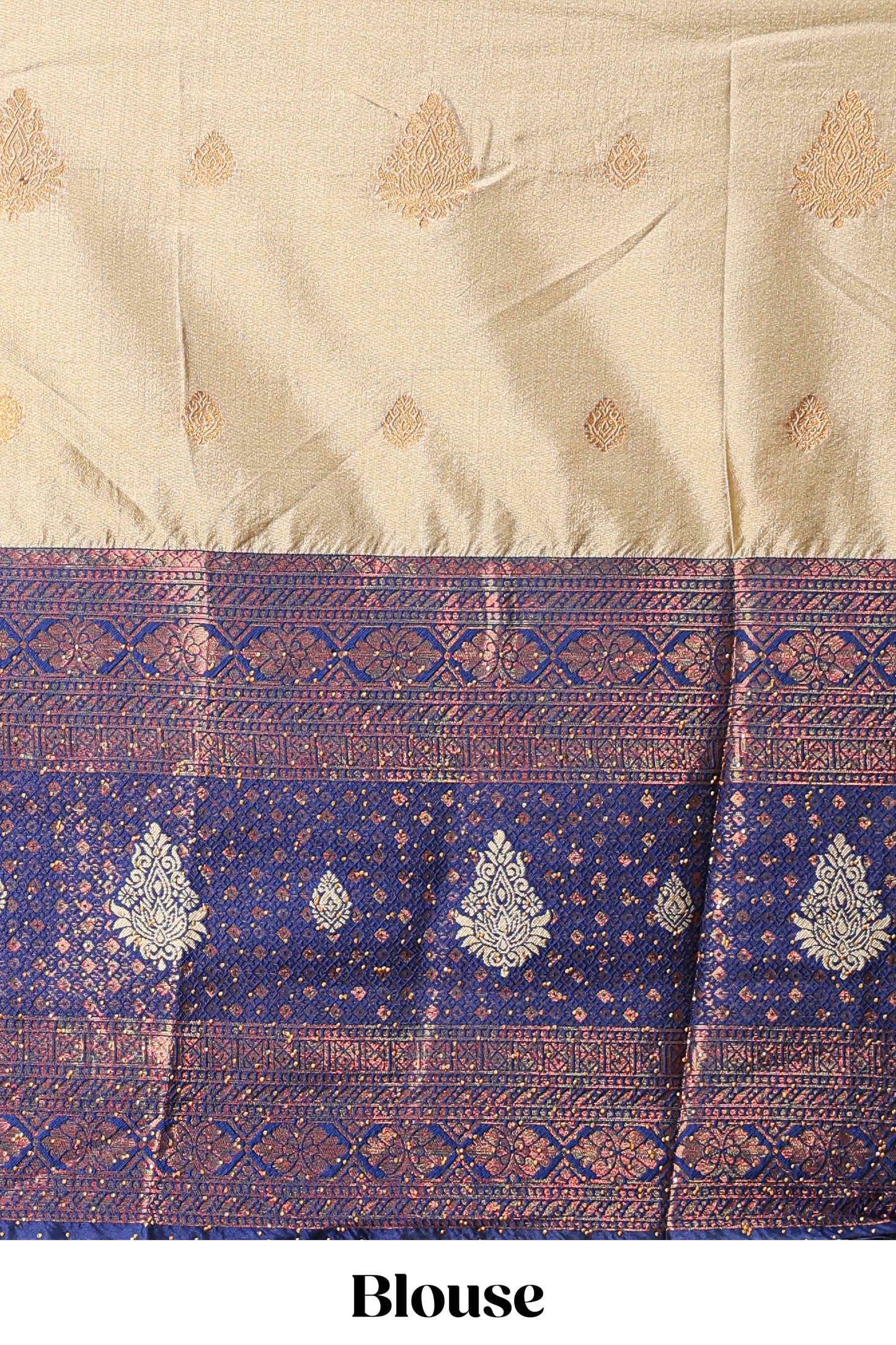 Golden raw silk zari butta lehenga with blue contrast border and dhavani