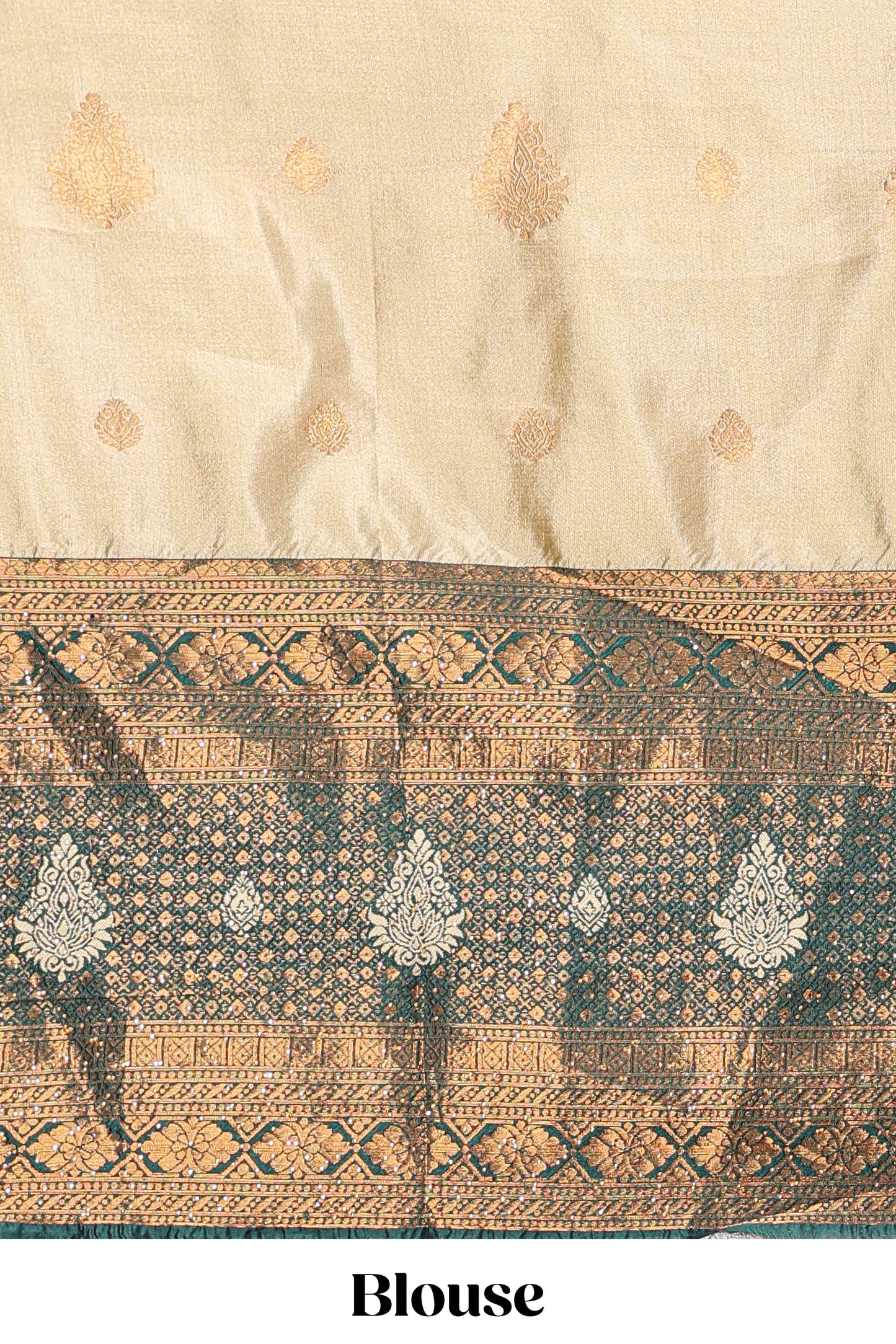 Golden raw silk zari butta lehenga with green contrast border and dhavani