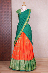Red striped floral zari butta half saree with contrast zari border and dhavani
