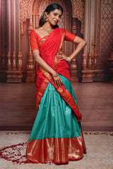 Turquoise blue floral zari design half saree with contrast zari border and dhavani
