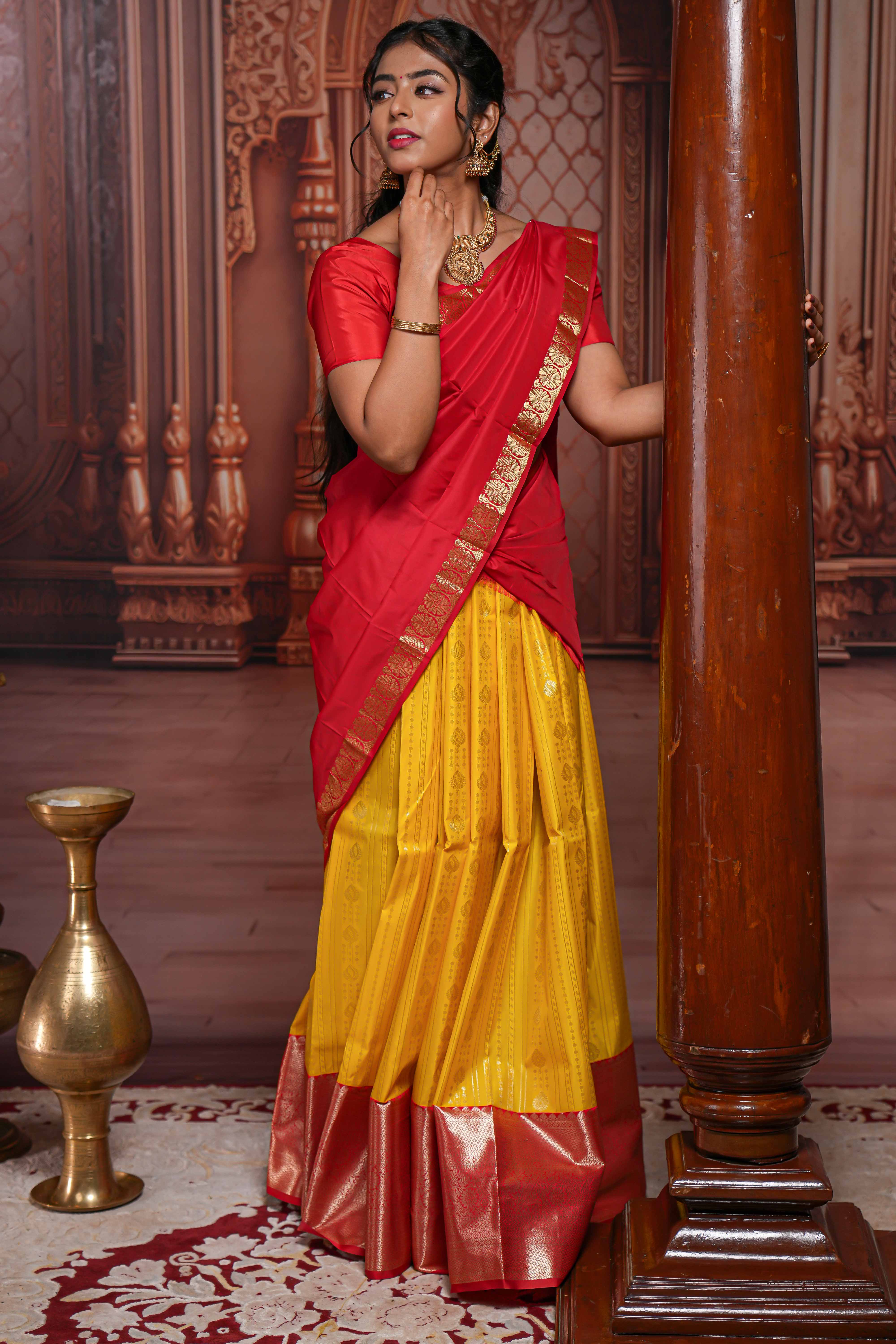Yellow striped zari butta design half saree with contrast zari border and dhavani