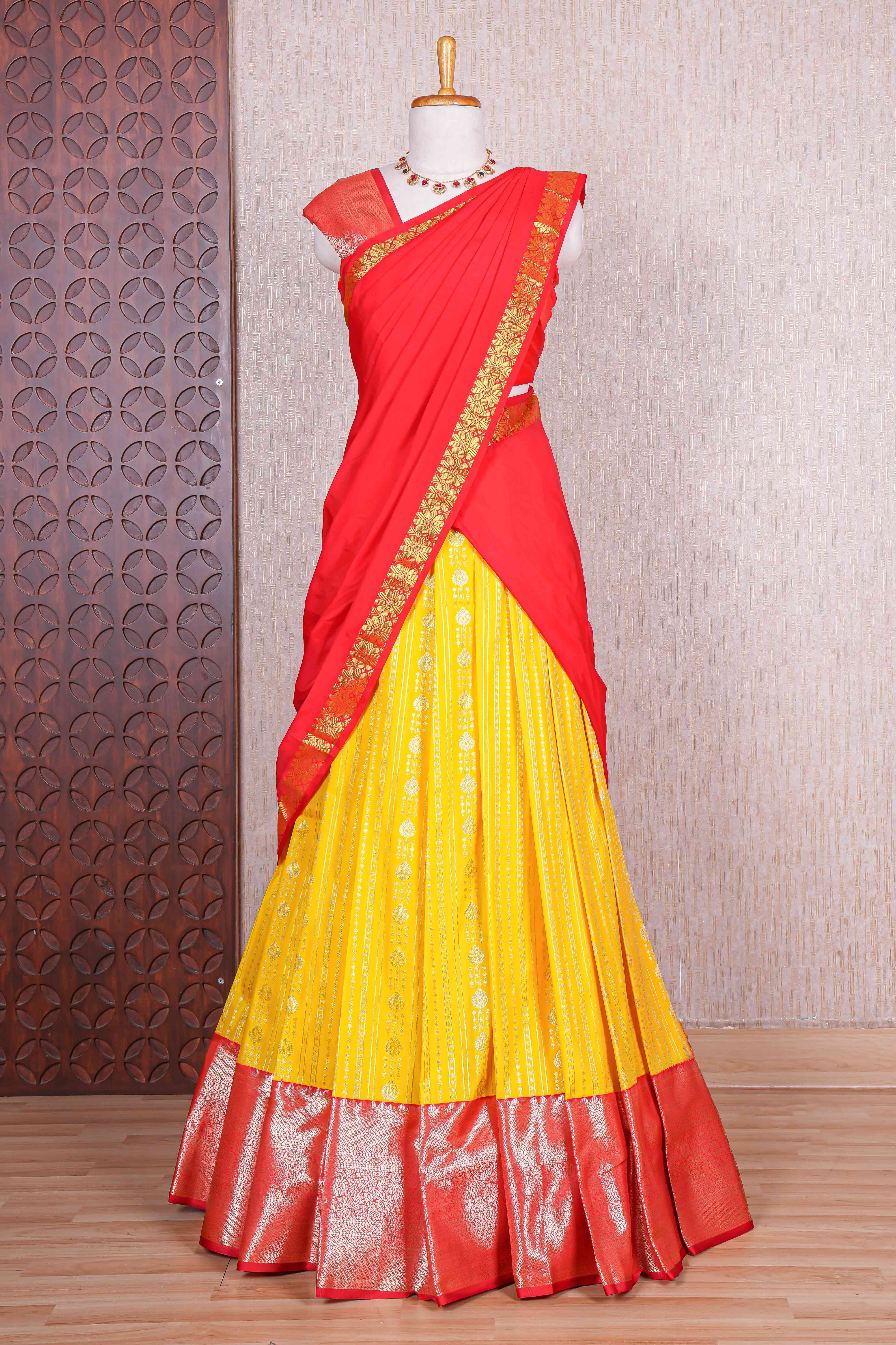 Yellow striped zari butta design half saree with contrast zari border and dhavani