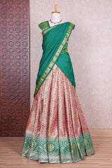 Red jacquard floral zari design half saree with contrast zari border and dhavani