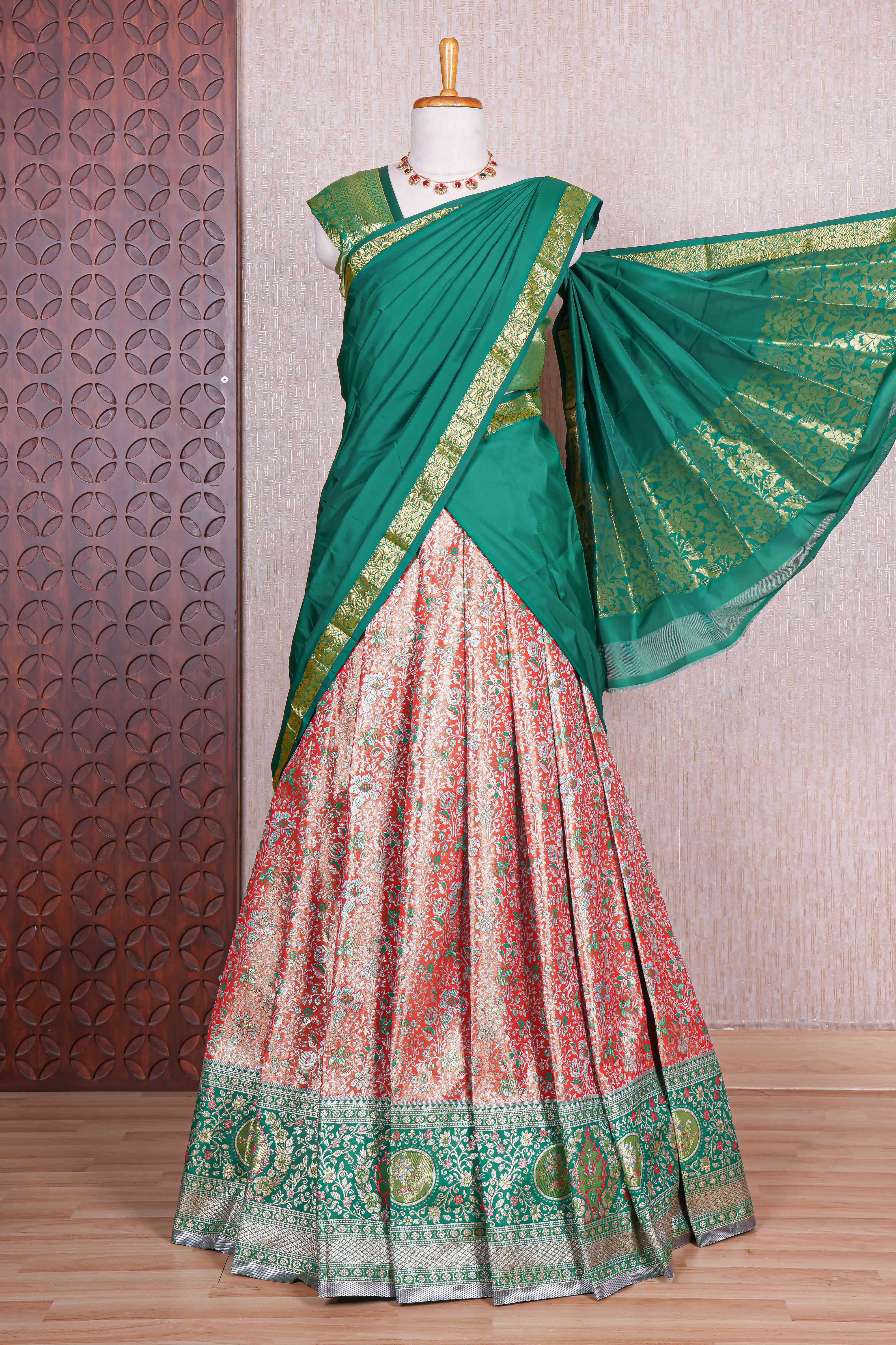 Red jacquard floral zari design half saree with contrast zari border and dhavani