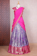 Lavender jacquard floral zari design half saree with contrast zari border and dhavani