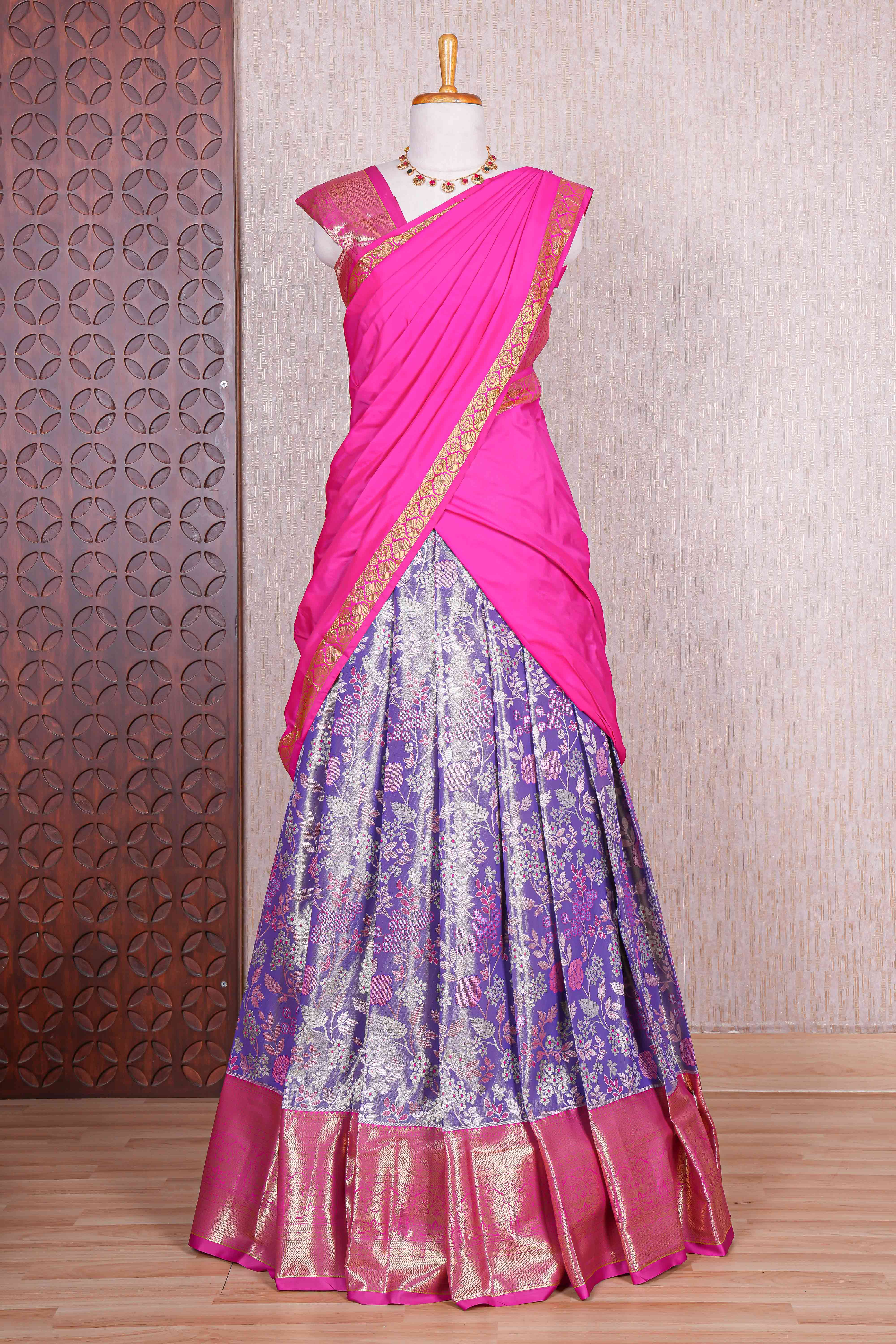 Lavender jacquard floral zari design half saree with contrast zari border and dhavani
