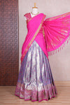 Lavender jacquard floral zari design half saree with contrast zari border and dhavani