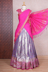 Lavender jacquard floral zari design half saree with contrast zari border and dhavani