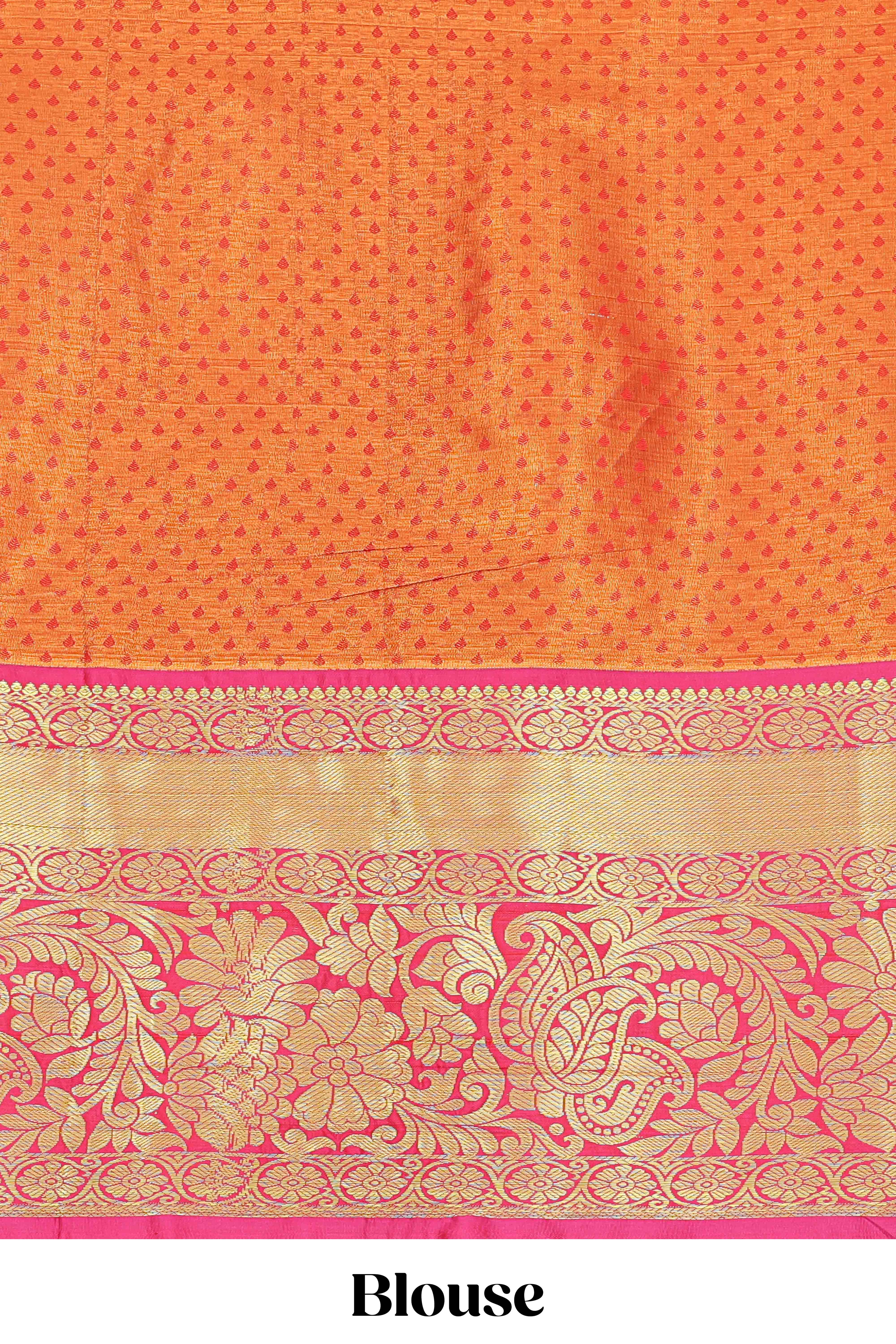 Orange jacquard floral zari design half saree with contrast zari border and dhavani