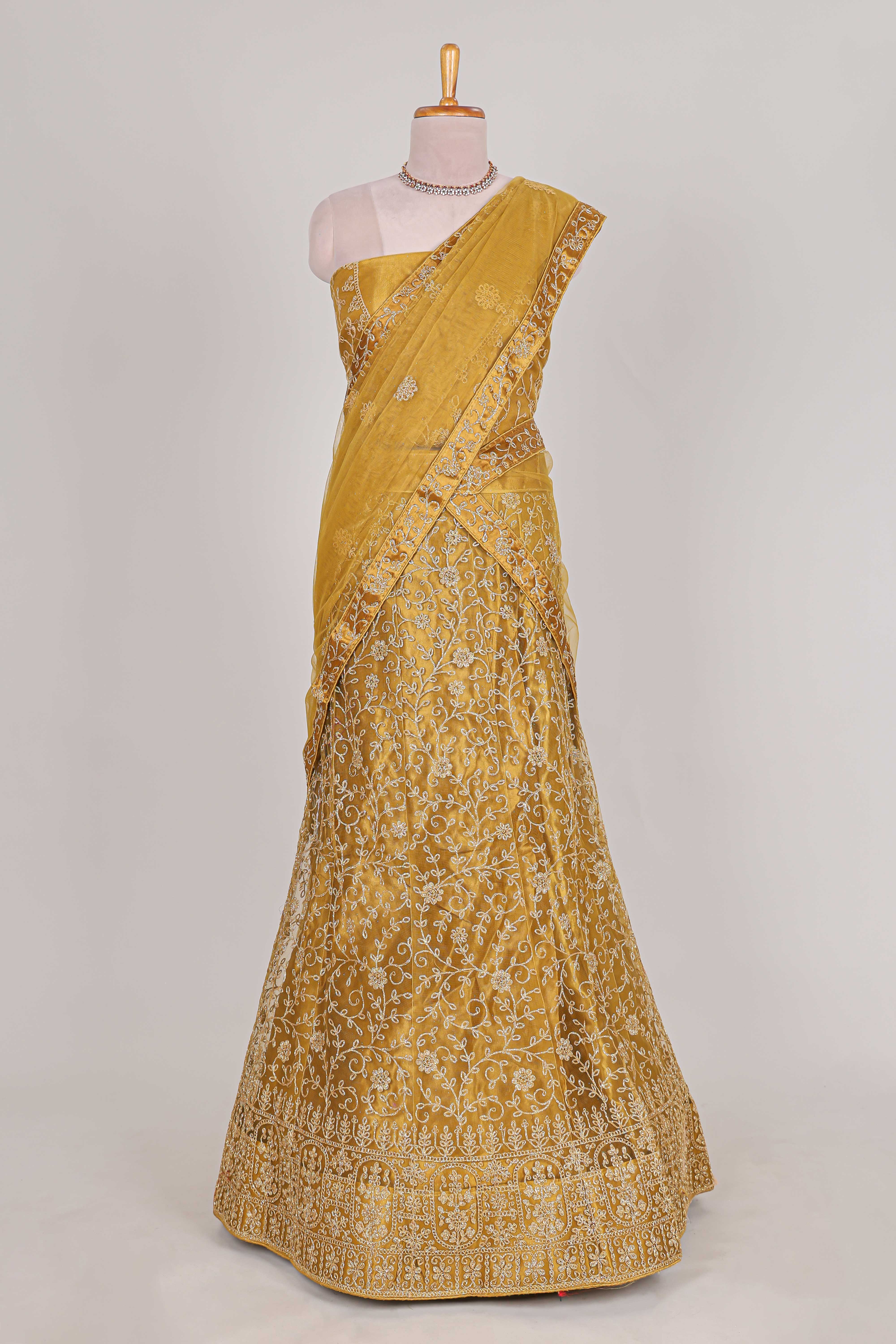 Sandle colour net lehenga featuring delicate embroidery with a borderless design paired with a matching self shawl