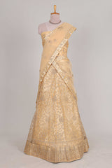 Cream colour net lehenga featuring delicate embroidery with a borderless design paired with a matching self shawl
