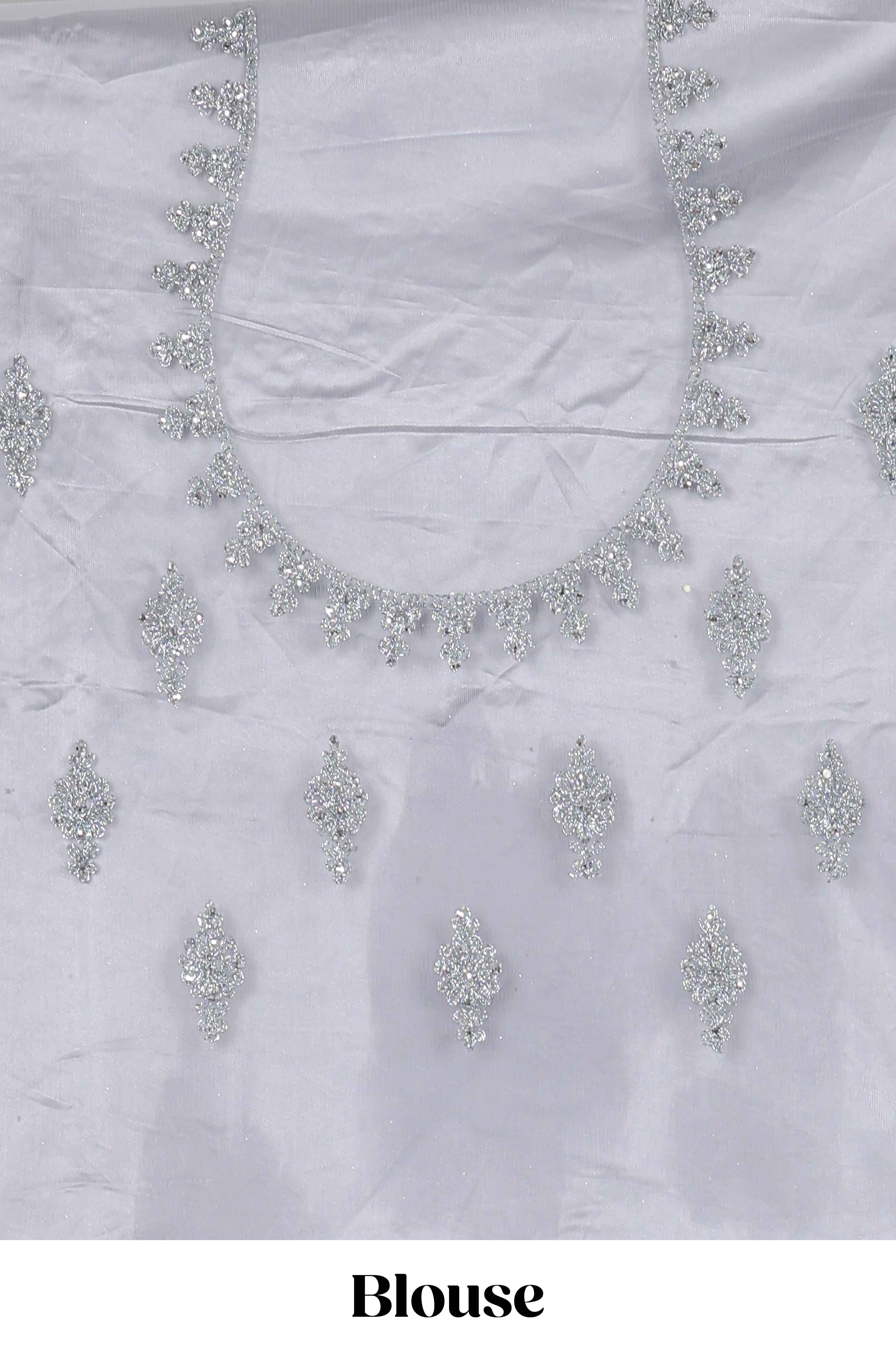 Silver colour net lehenga featuring delicate embroidery stone work with a borderless design paired with a matching self shawl