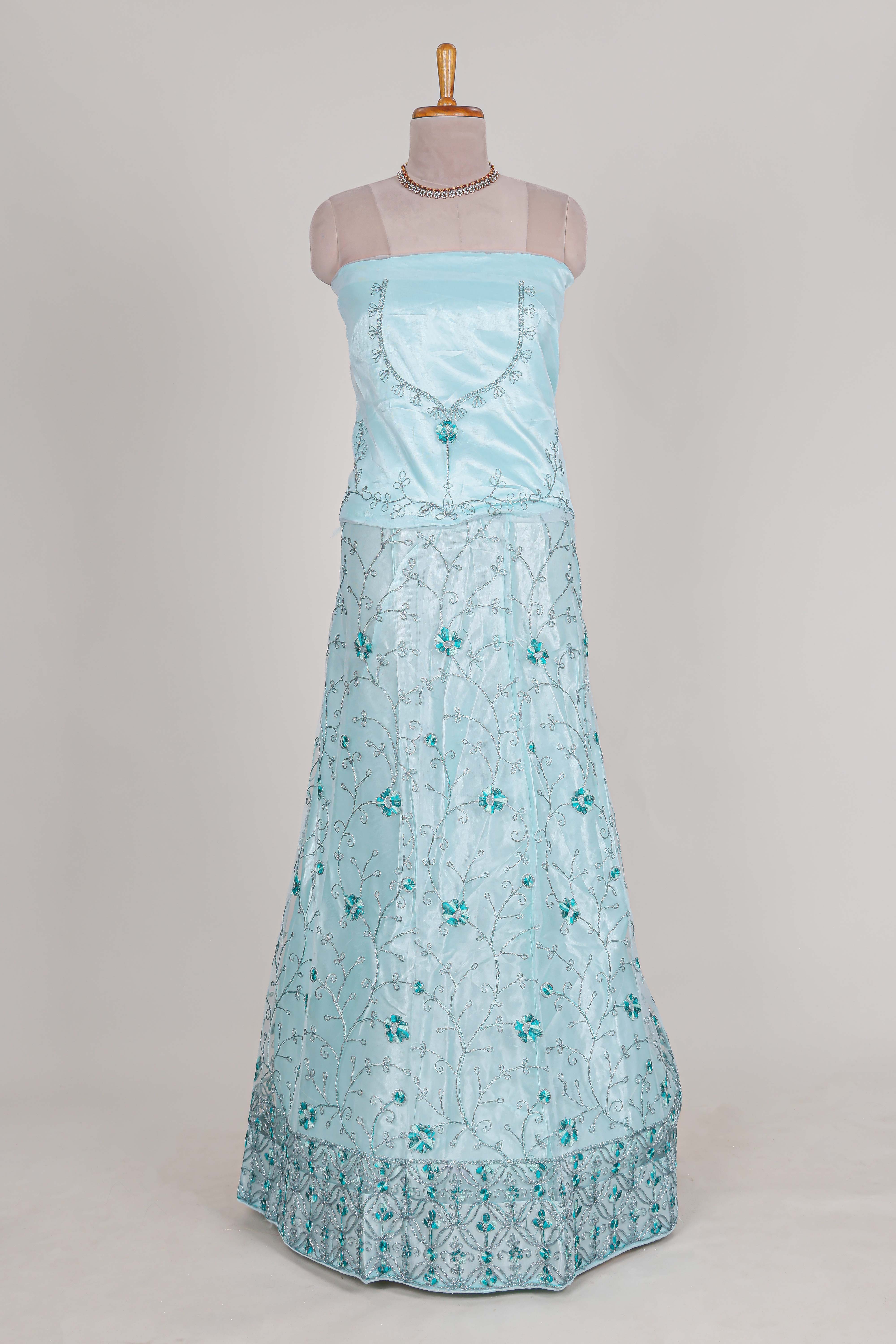powder blue net lehenga featuring delicate embroidery with a borderless design paired with a matching self shawl