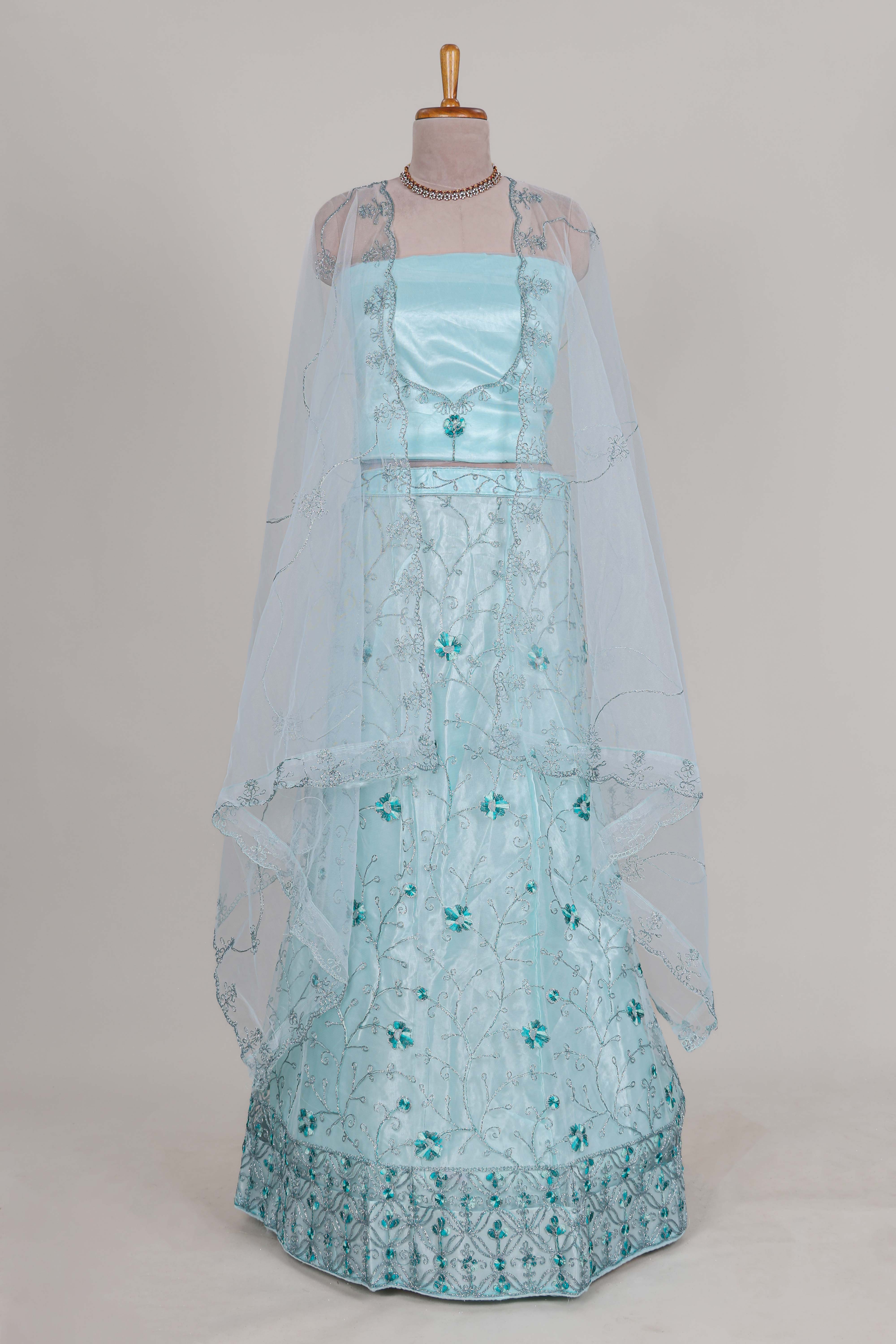 powder blue net lehenga featuring delicate embroidery with a borderless design paired with a matching self shawl