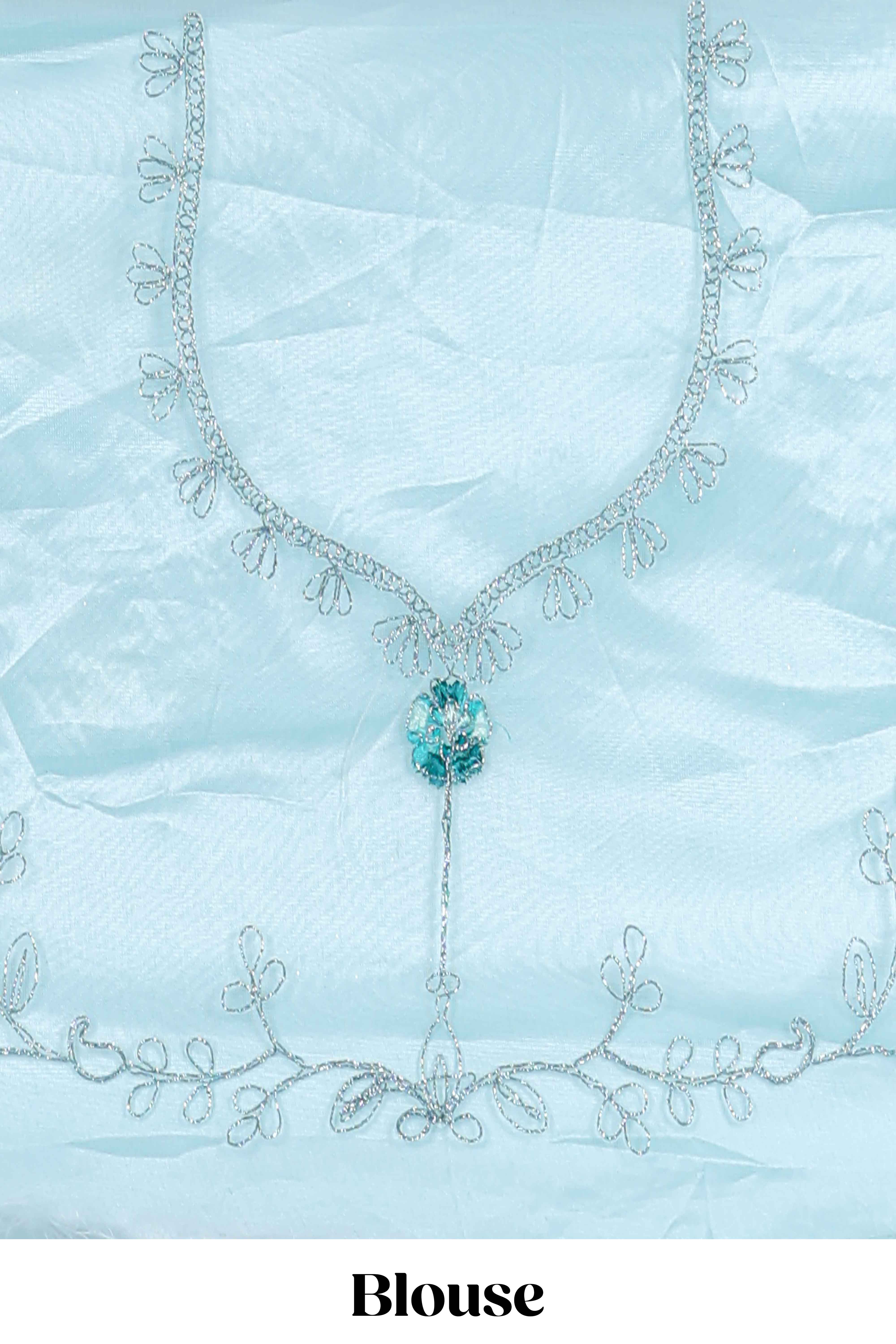 powder blue net lehenga featuring delicate embroidery with a borderless design paired with a matching self shawl