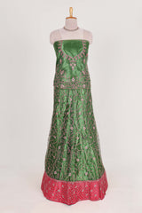 Green and red Beautiful net lehenga with intricate embroidery stone work and contrast border paired with a contrast net shawl
