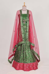 Green and red Beautiful net lehenga with intricate embroidery stone work and contrast border paired with a contrast net shawl
