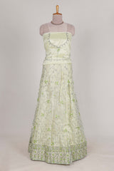 powder green net lehenga featuring delicate embroidery with a borderless design paired with a matching self shawl