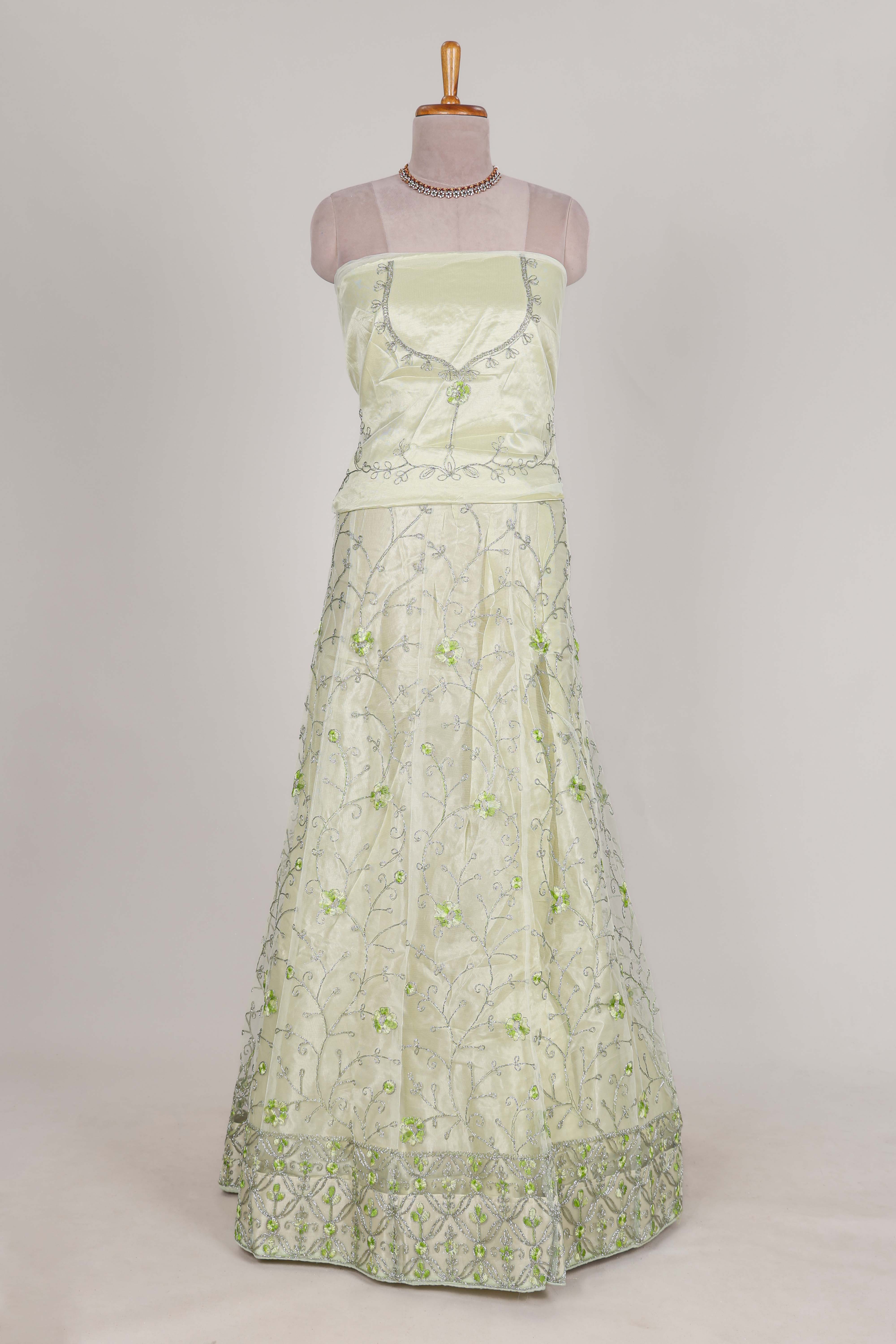 powder green net lehenga featuring delicate embroidery with a borderless design paired with a matching self shawl