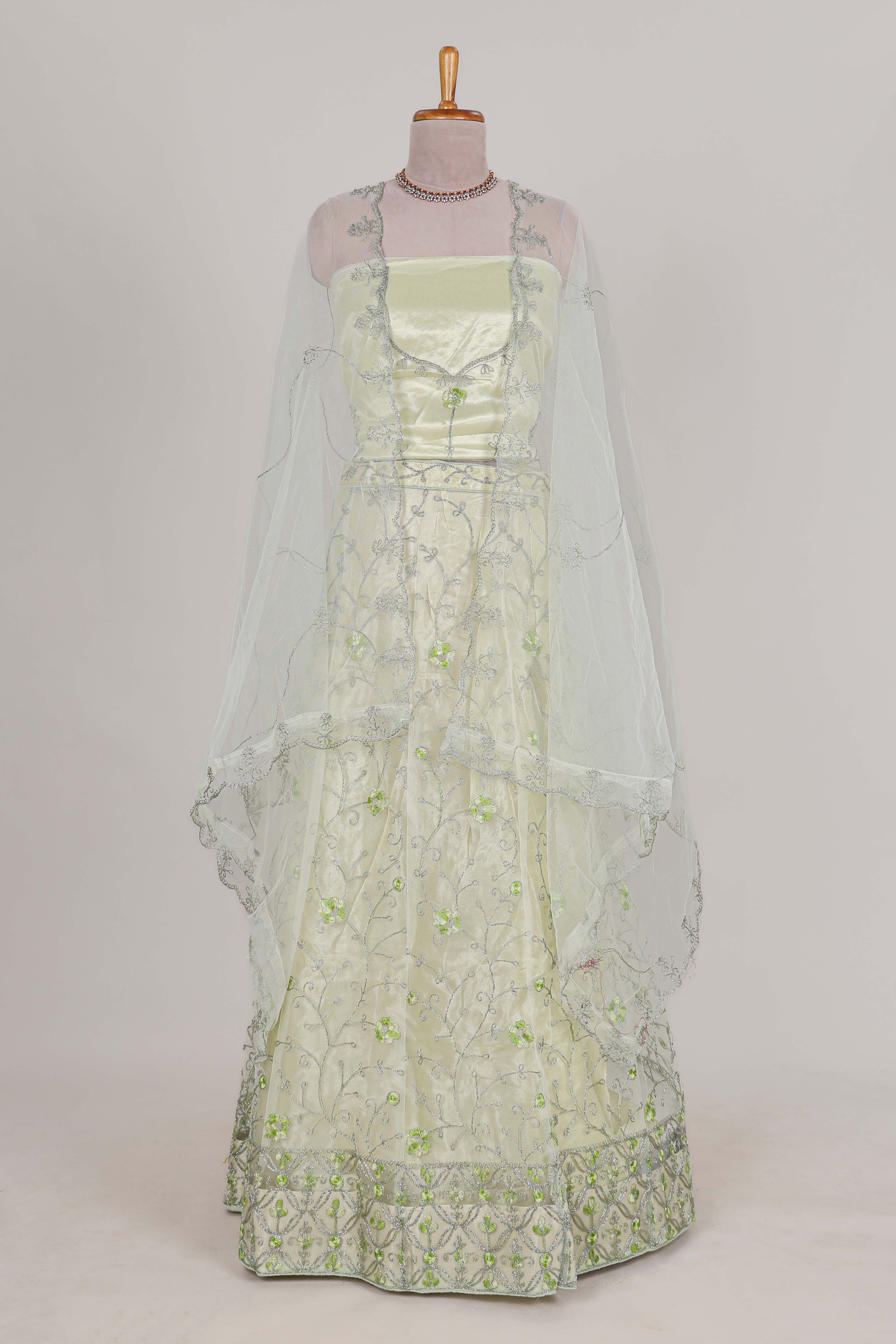 powder green net lehenga featuring delicate embroidery with a borderless design paired with a matching self shawl