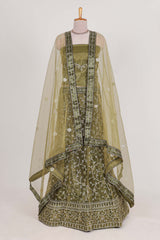 Olive Green net lehenga featuring delicate embroidery with a borderless design paired with a matching self shawl
