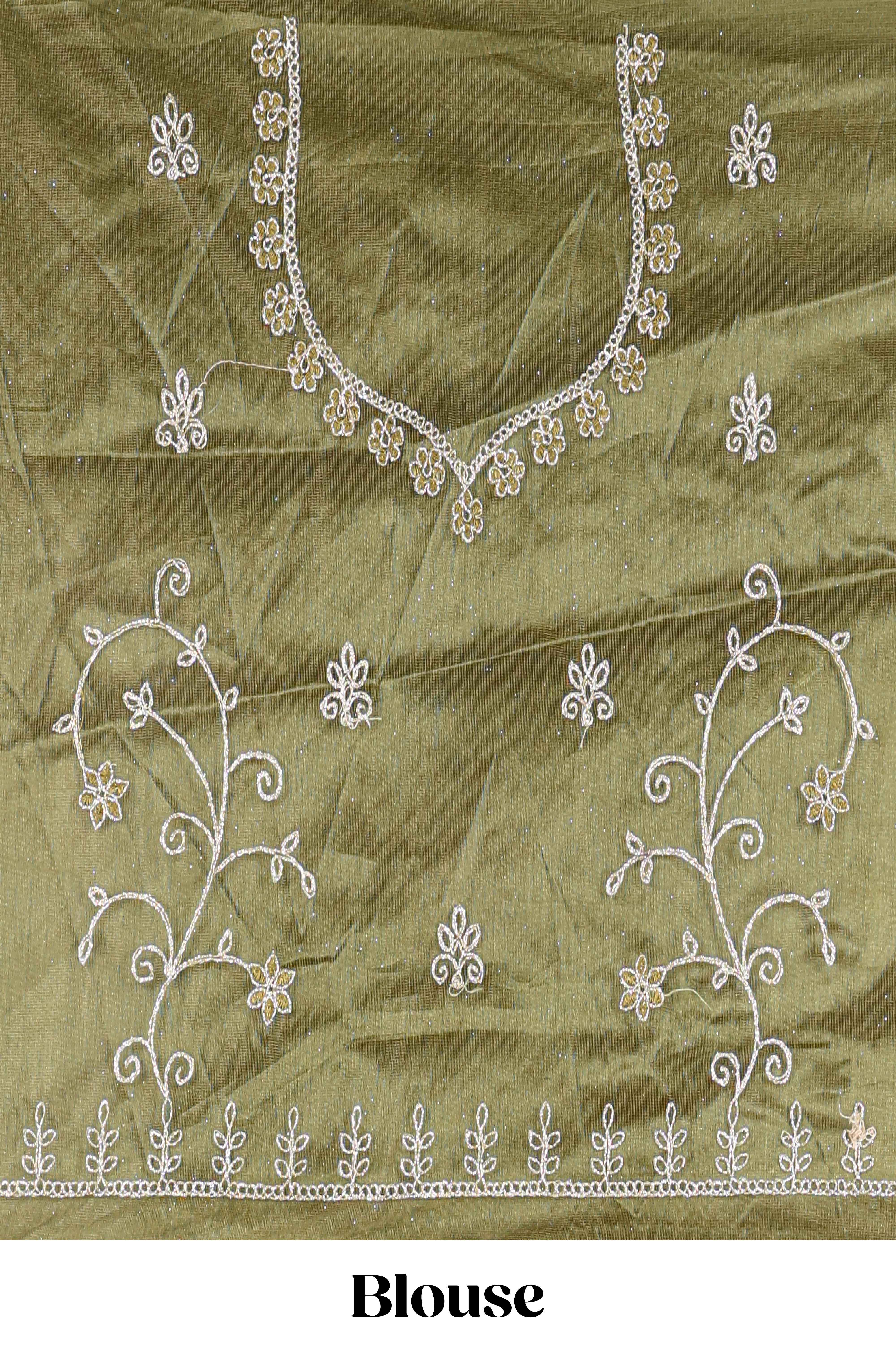 Olive Green net lehenga featuring delicate embroidery with a borderless design paired with a matching self shawl