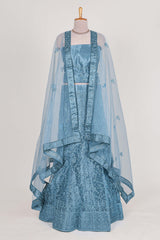 Blue colour net lehenga featuring delicate embroidery with a borderless design paired with a matching self shawl