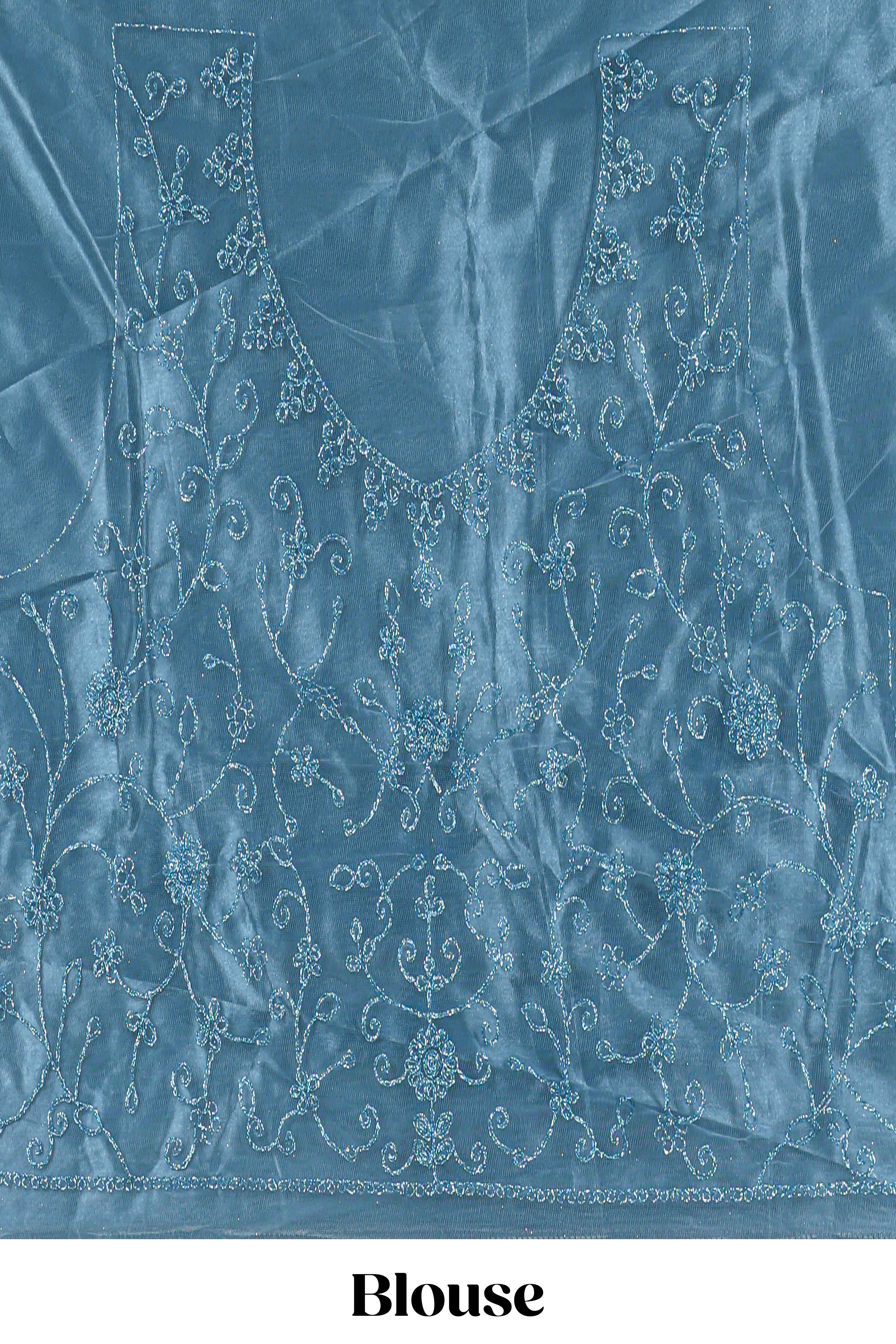 Blue colour net lehenga featuring delicate embroidery with a borderless design paired with a matching self shawl