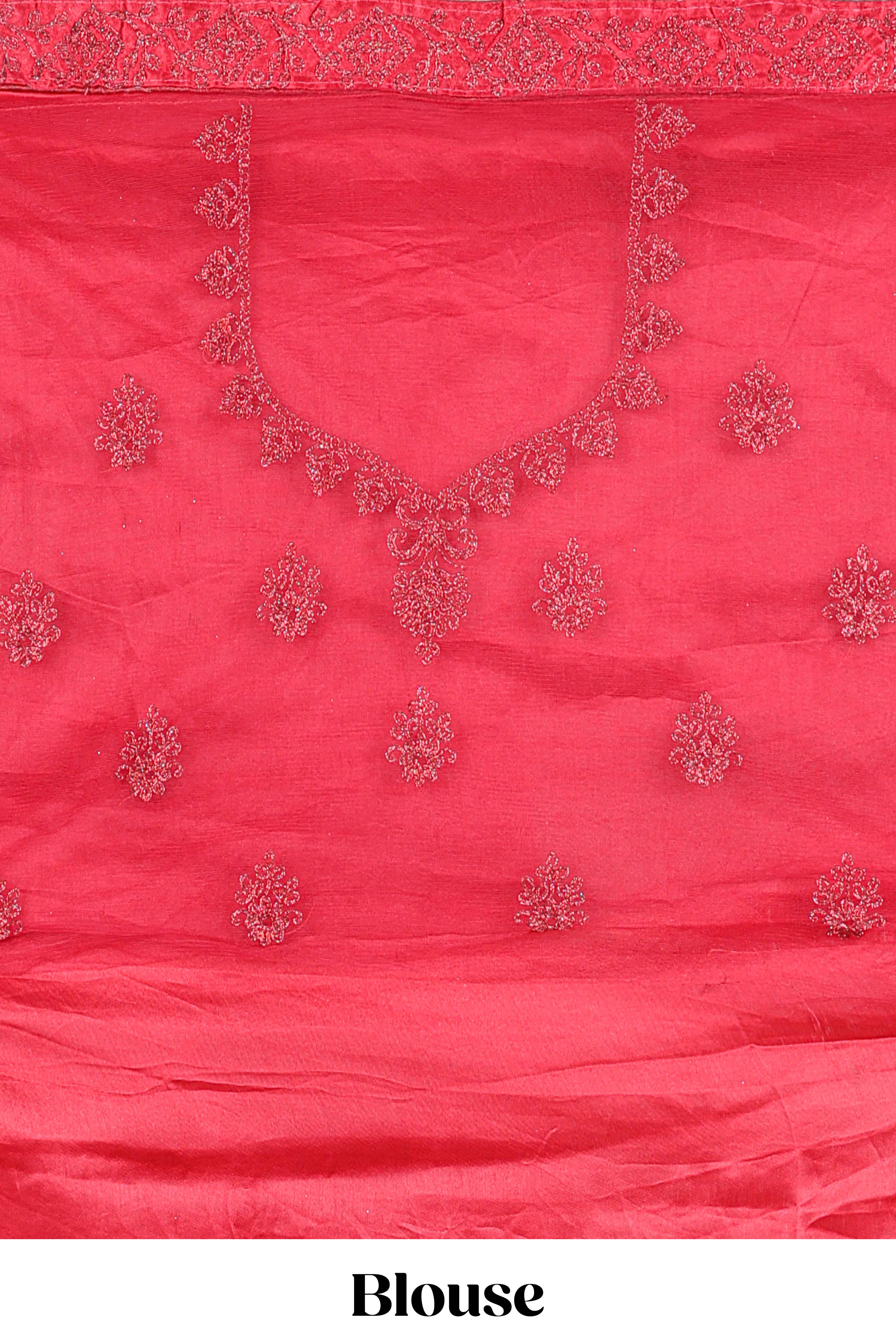 Bright red net lehenga intricate embroidery andpaired with a matching embroidered blouse