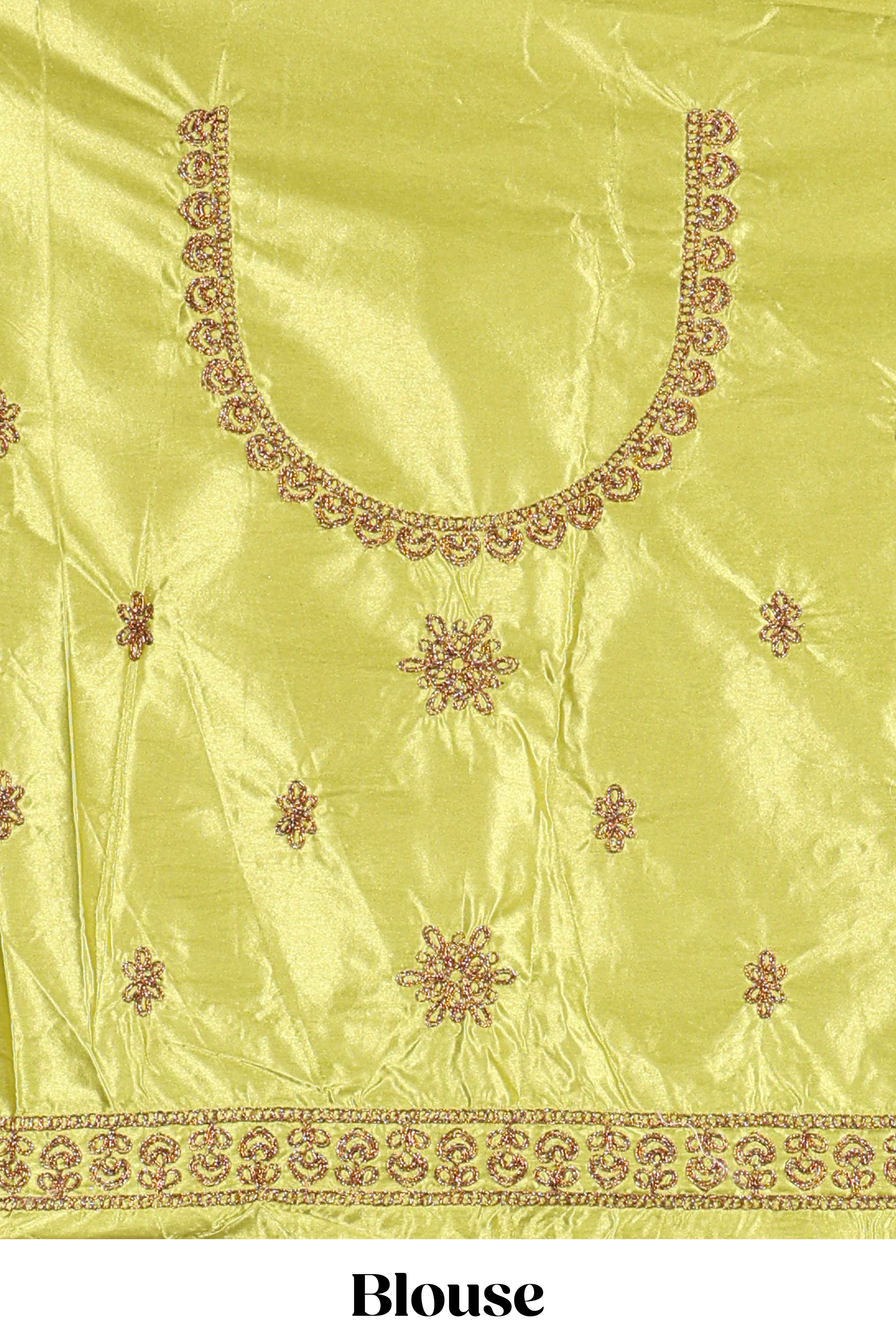 Blue and yellow satin lehenga embroidery with a beautiful contrast border paired with a matching embroidered blouse