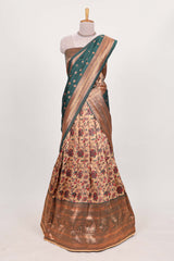 Green tissue lehenga featuring intricate thread weaving details with a beautiful contrast border Paired with a brocadeshawl