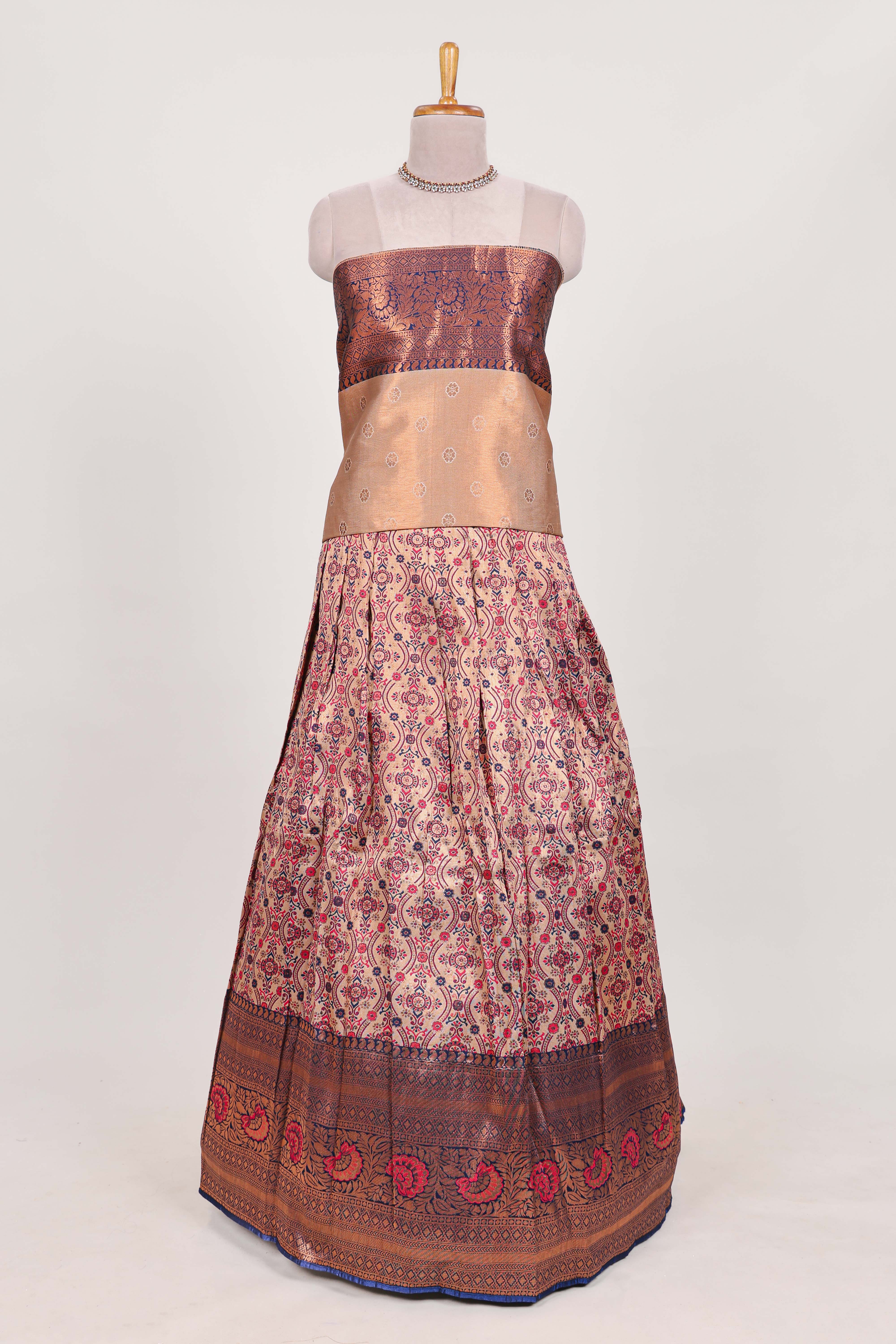 Navy bluetissue lehenga featuring intricate thread weaving details with a beautiful contrast border Paired with a brocadeshawl