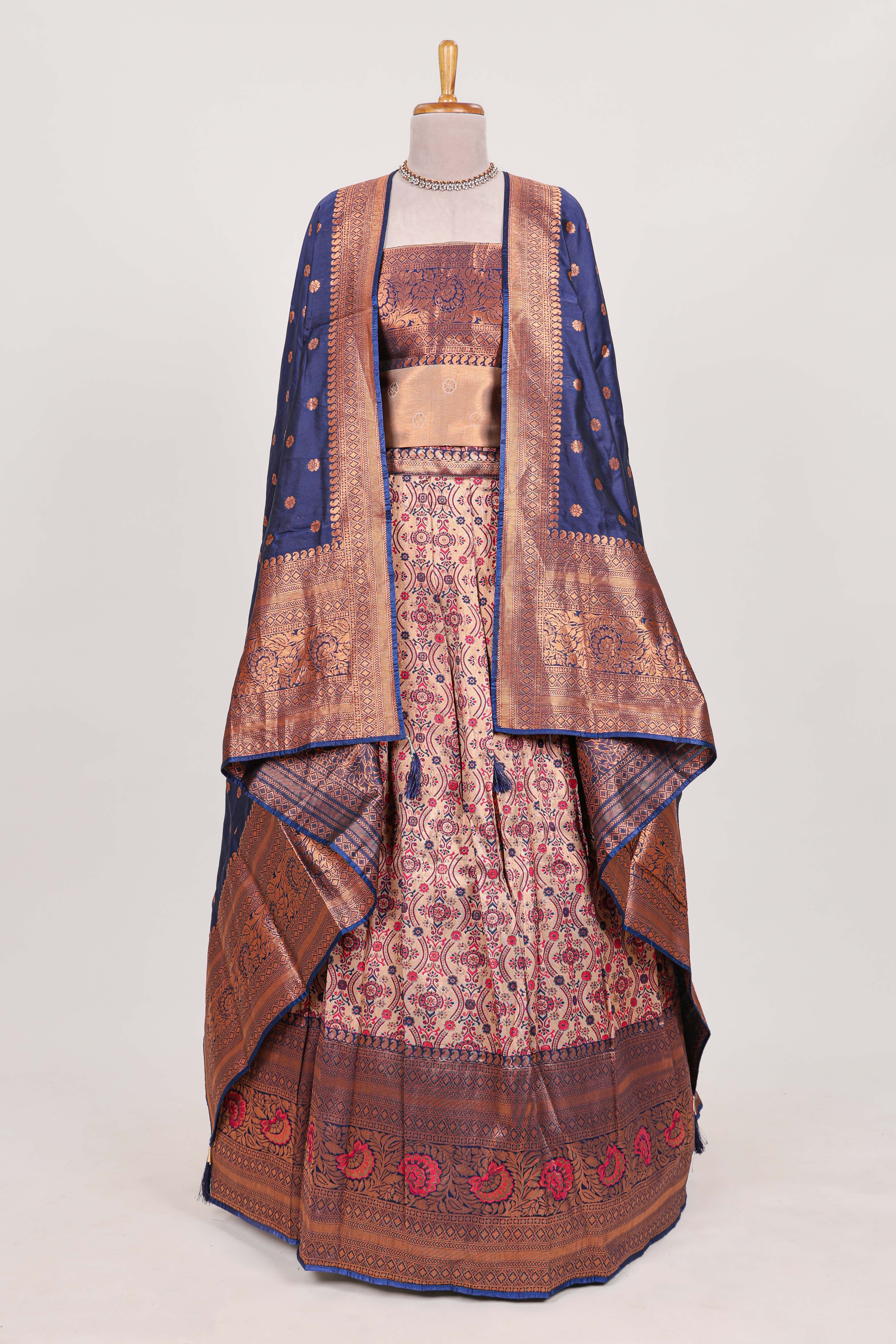 Navy bluetissue lehenga featuring intricate thread weaving details with a beautiful contrast border Paired with a brocadeshawl
