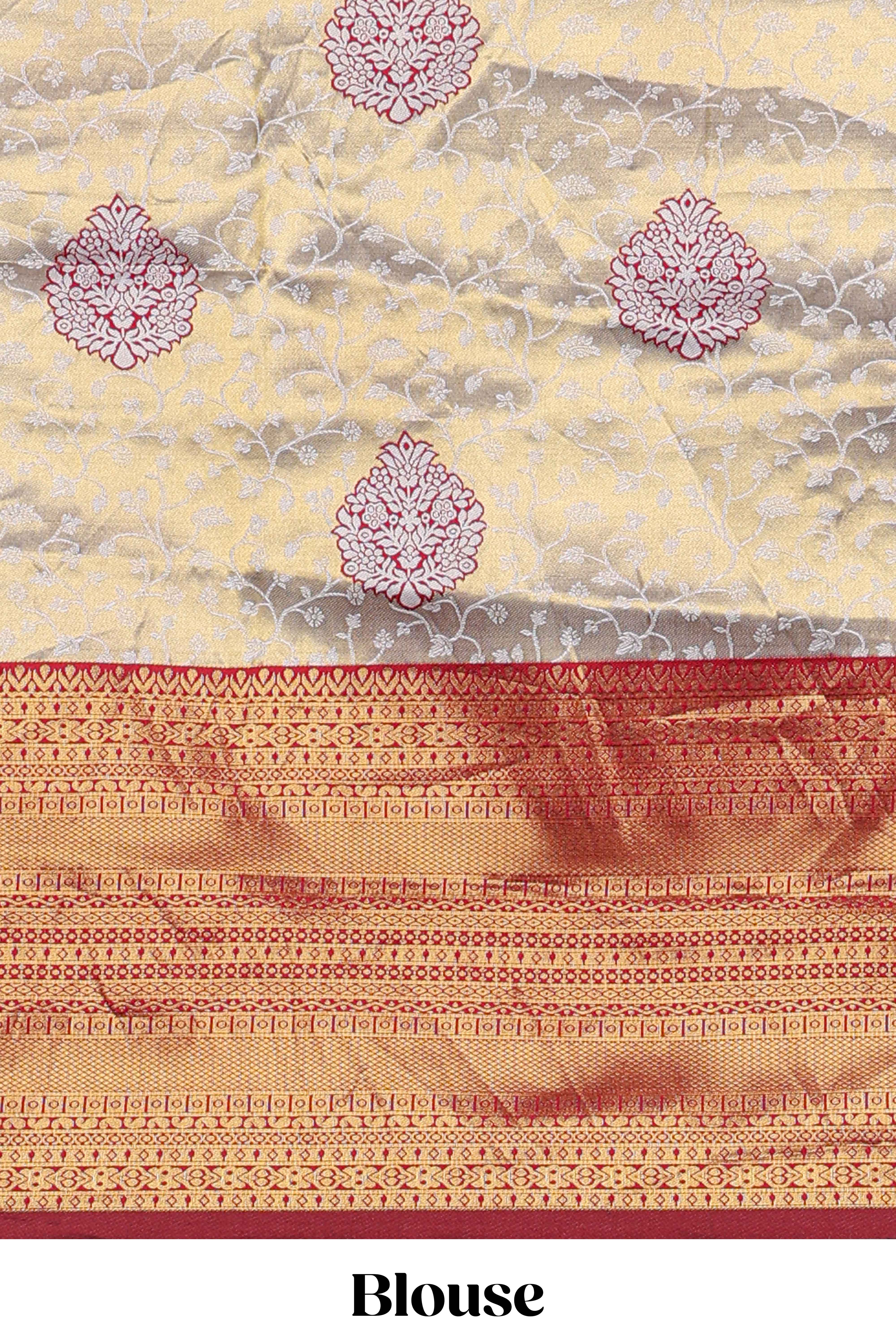Red tissue lehenga featuring intricate thread weaving details with a beautiful contrast border Paired with a brocadeshawl