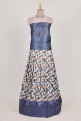 Ocean blue colour eleganttissue lehenga featuring intricate thread weaving details with a beautiful contrast border Paired with a brocadeshawl