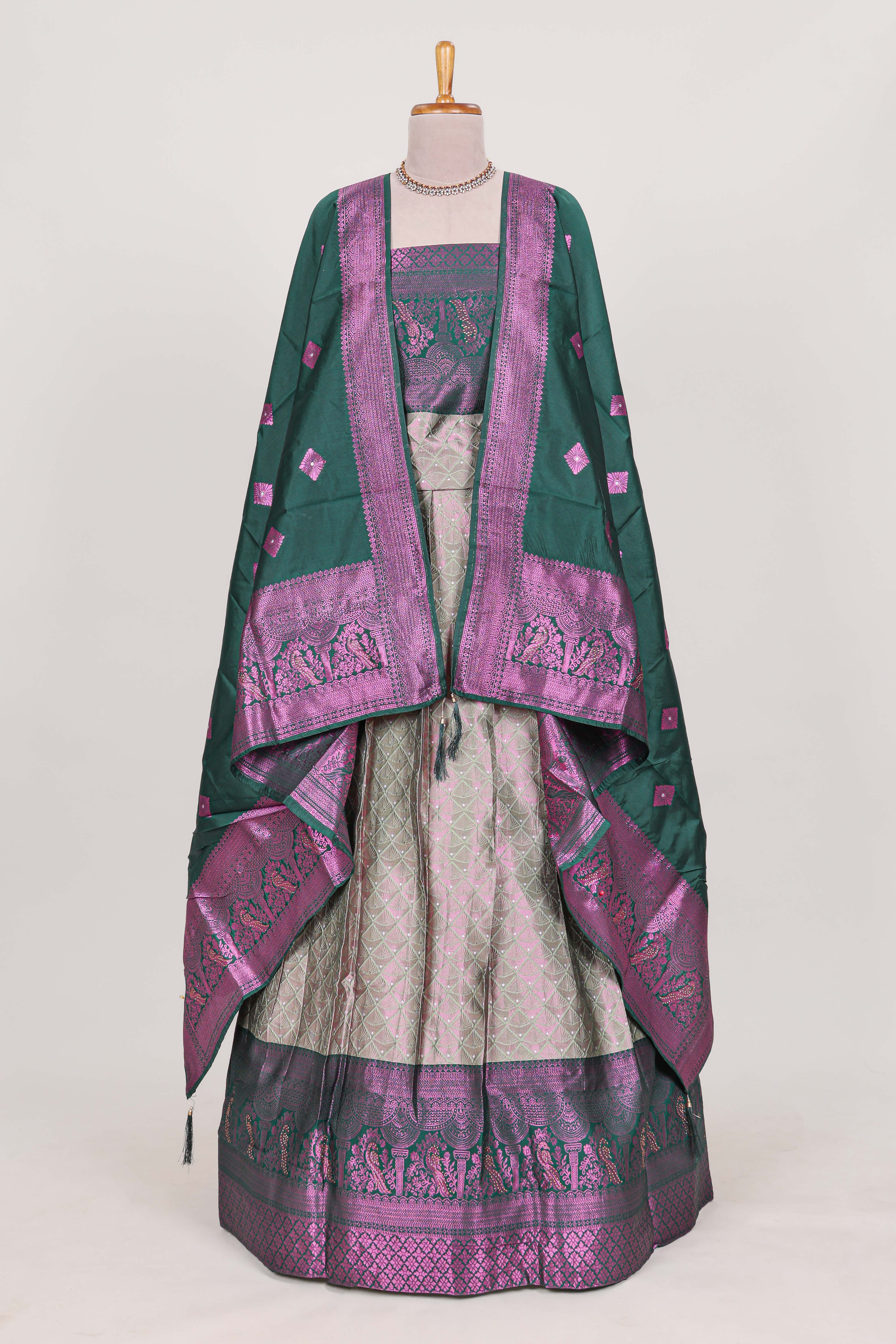 Silver tissue lehenga featuring intricate thread weaving details with a beautiful contrast border Paired with a brocadeshawl